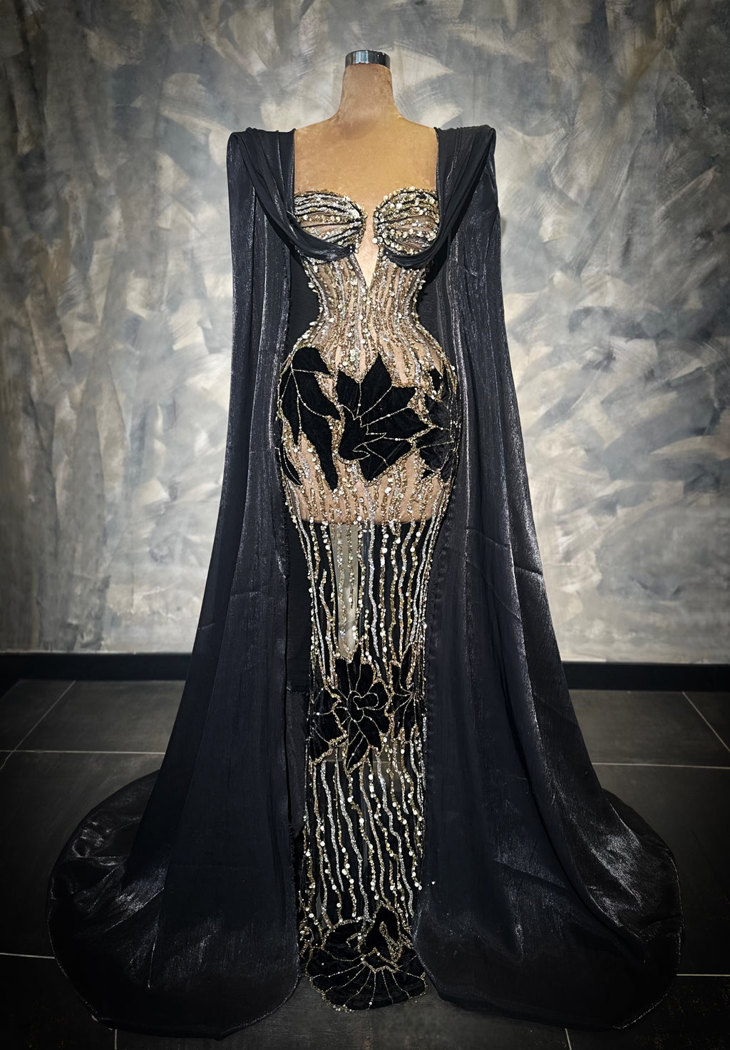 Eleia - Beaded Black Cape Dress