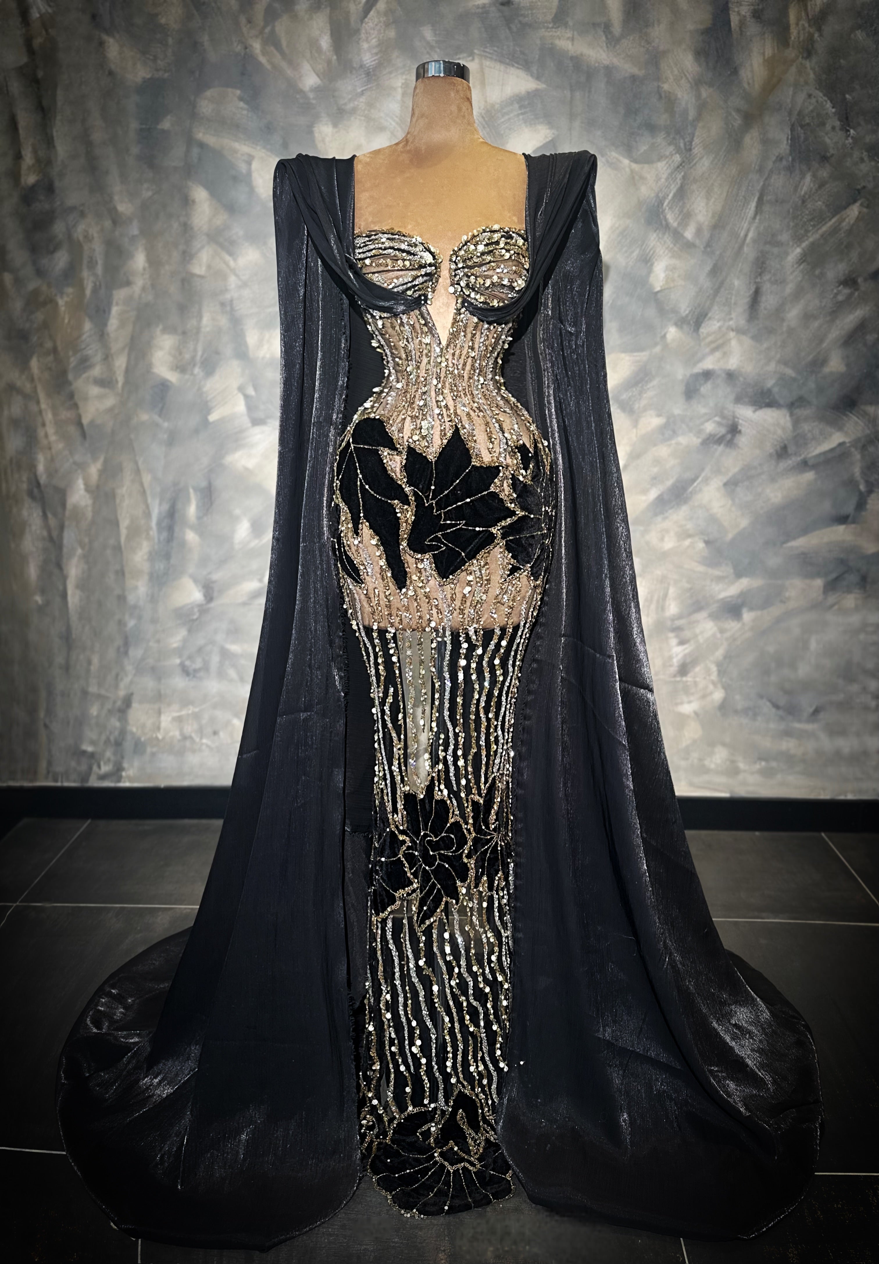 Eleia - Beaded Black Cape Dress