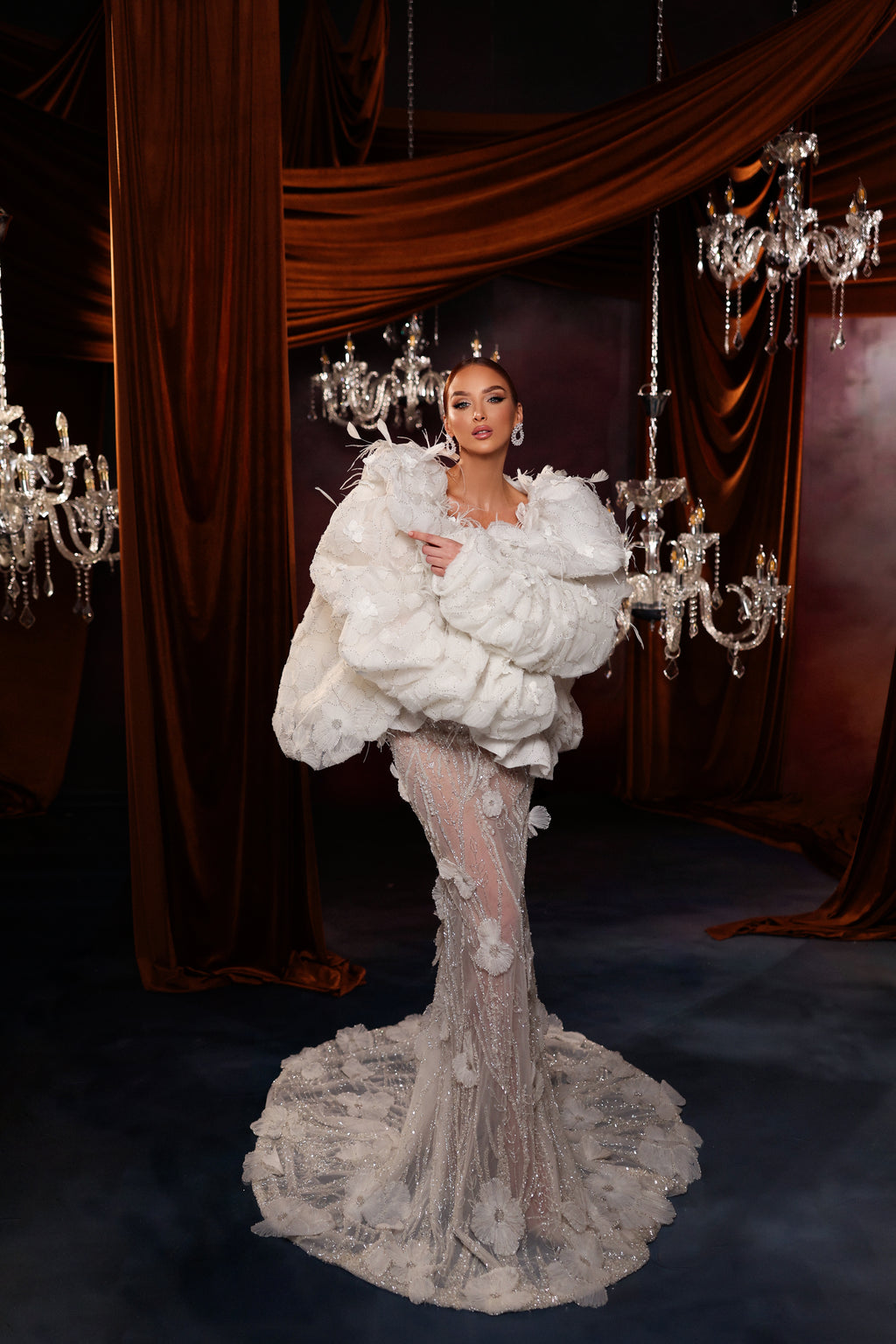 Floral embellished dress with oversize puff sleeve cape