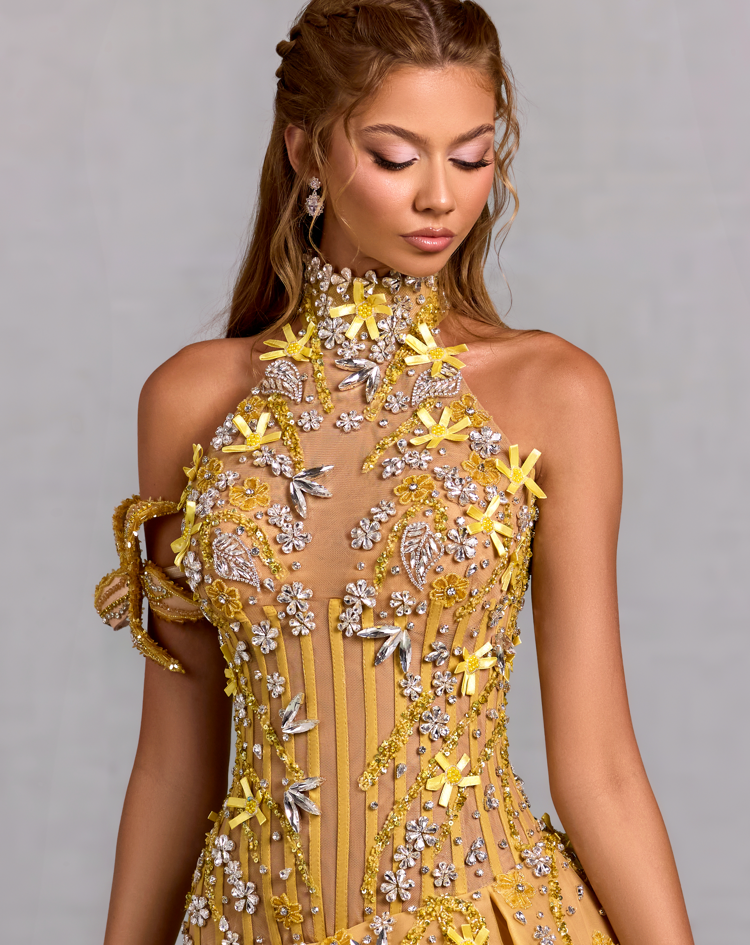 High Neck Yellow Gown with Floral Crystal Vines