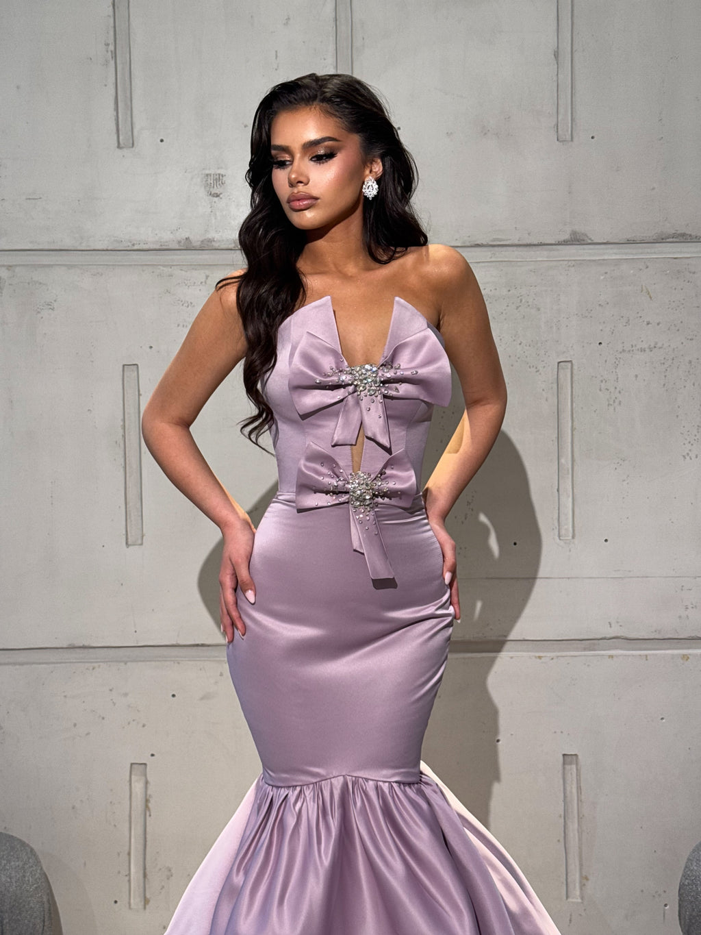 Long Dress Satin Mermaid with Crystal Bows