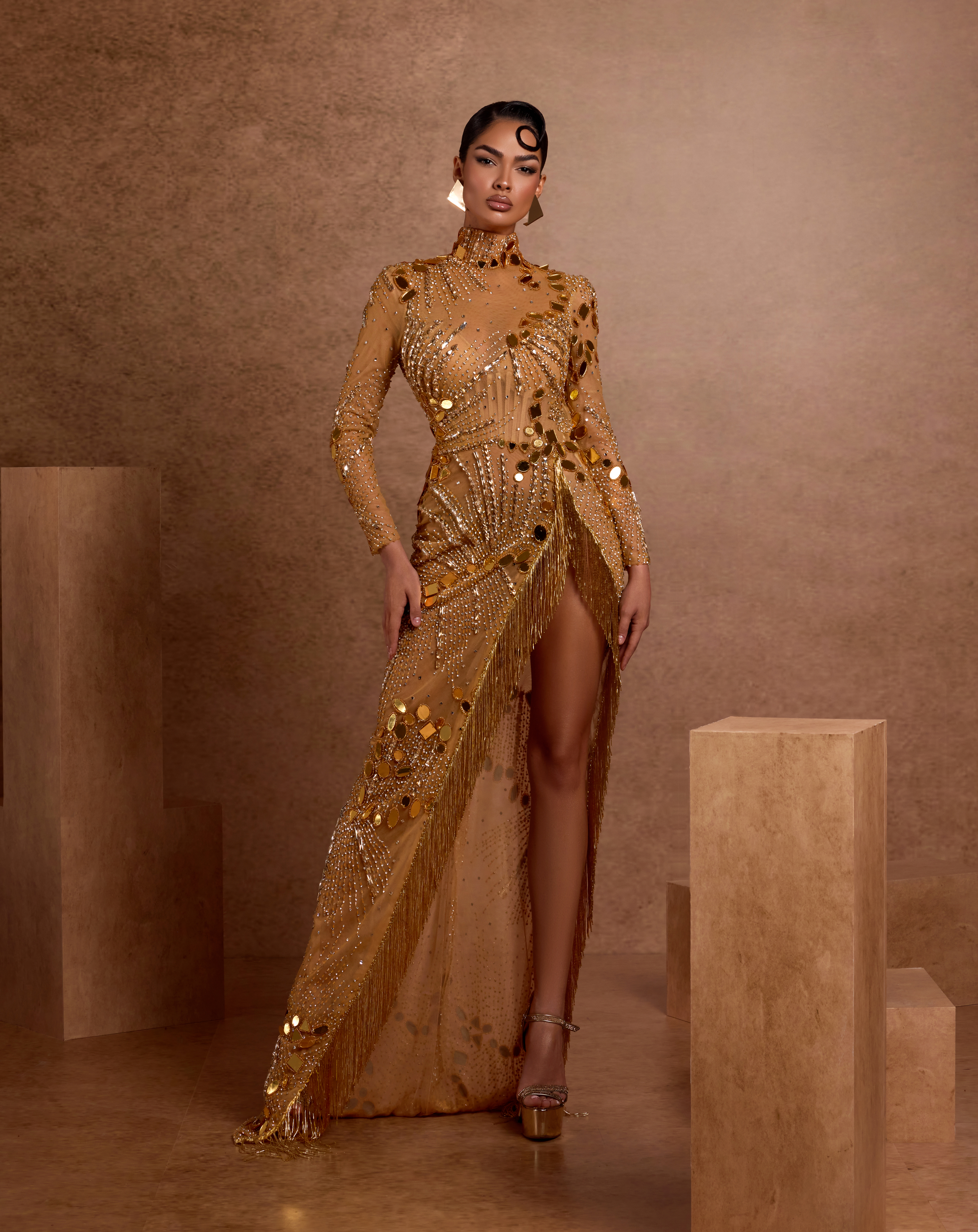 Sun Disk High Neck Sequin Gown