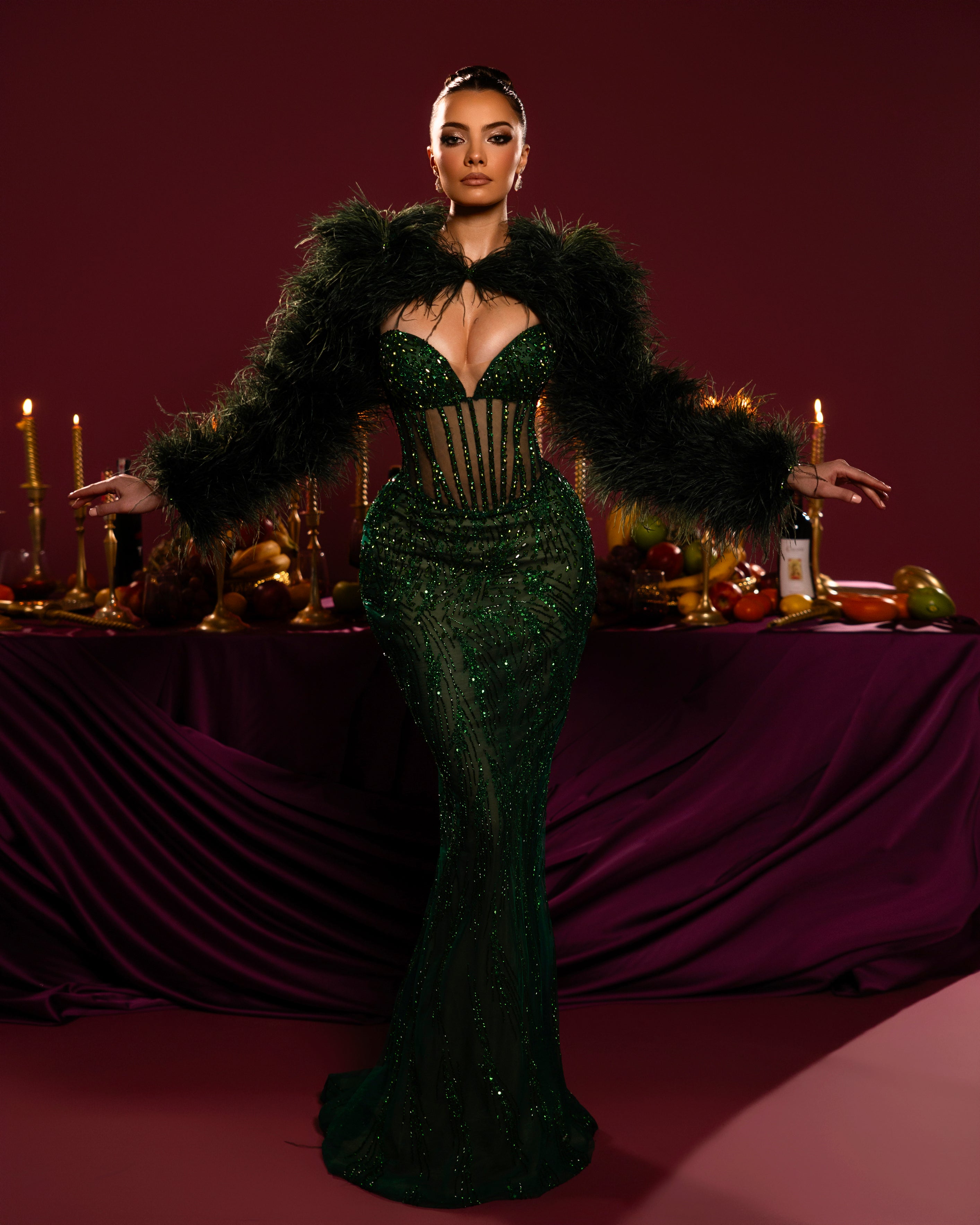 Emerald Feathered Gown