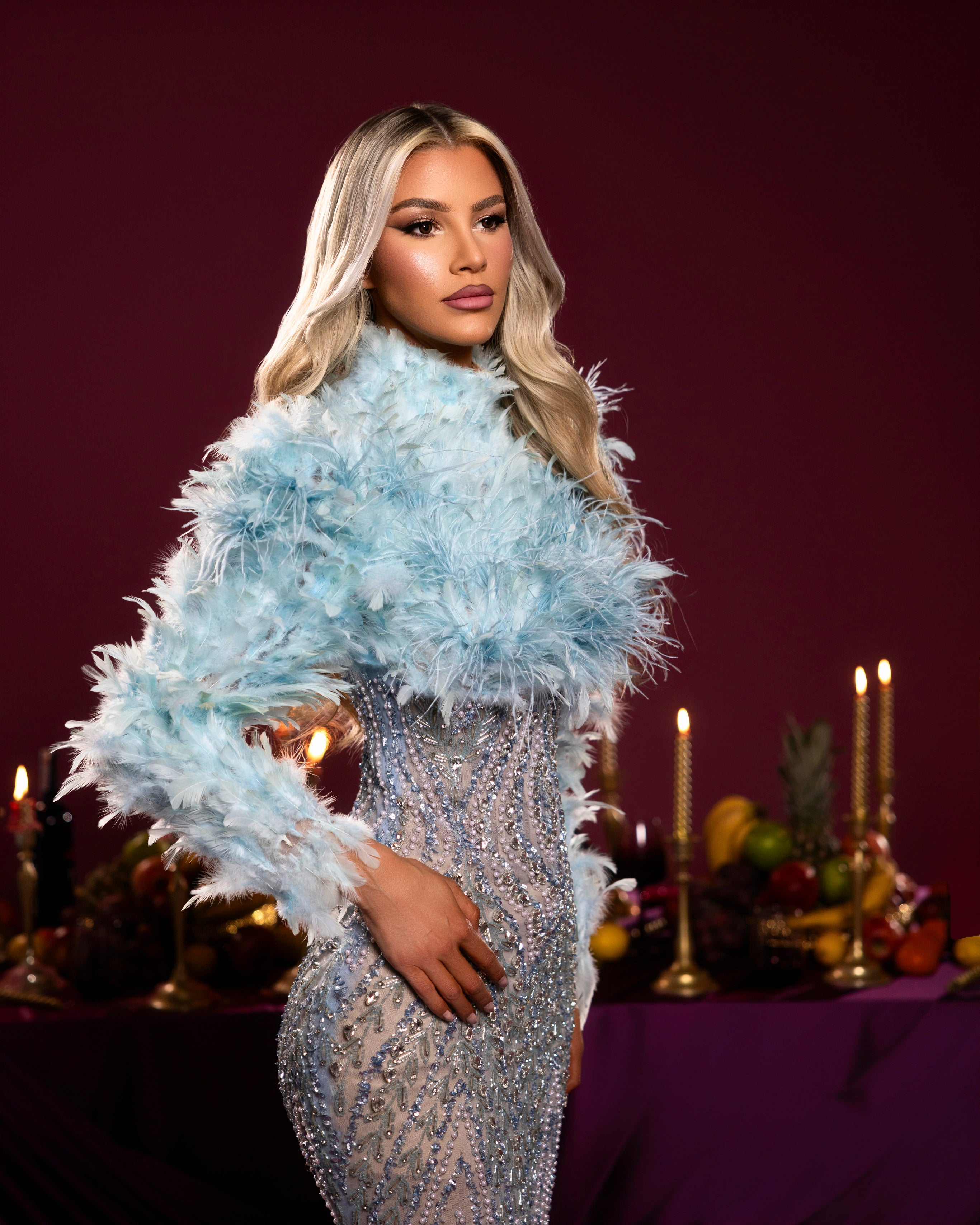 Feather Emebellished High Neck Dress