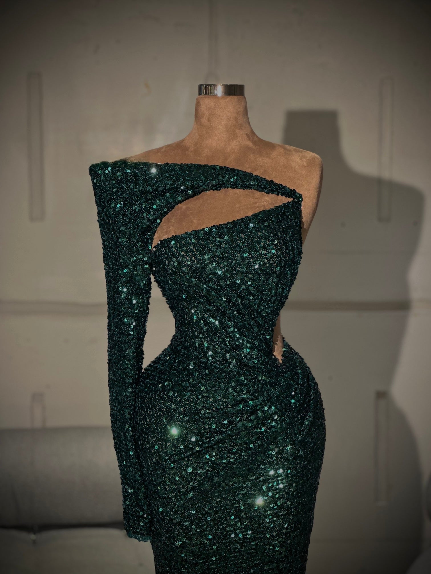 Nymera – Deep Green Asymmetric Sequin Gown