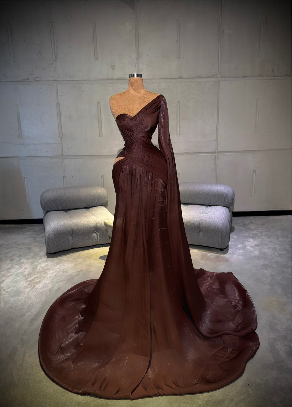 Elena - One Shoulder Chocolate Evening Gown with Train