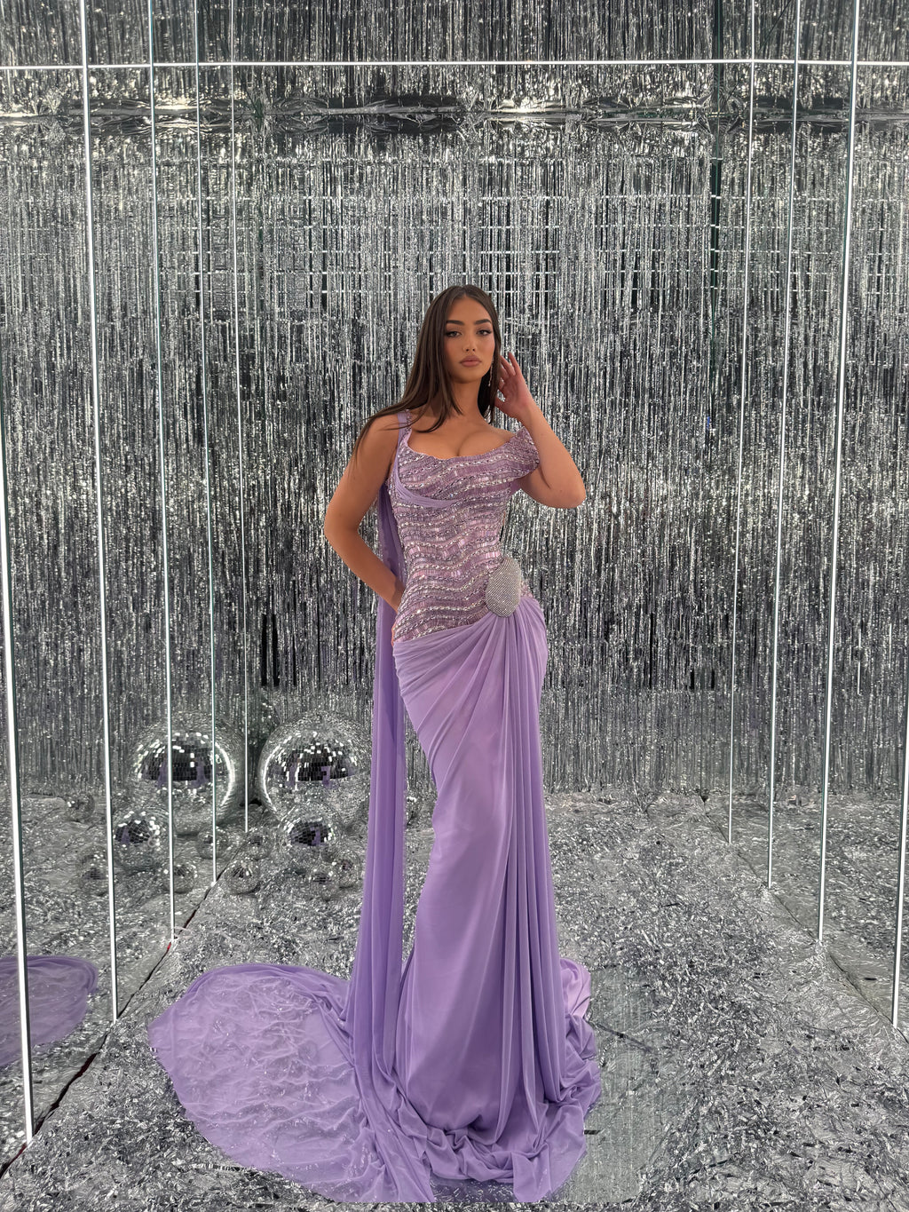Elara – Lavender Draped Crystal Gown
