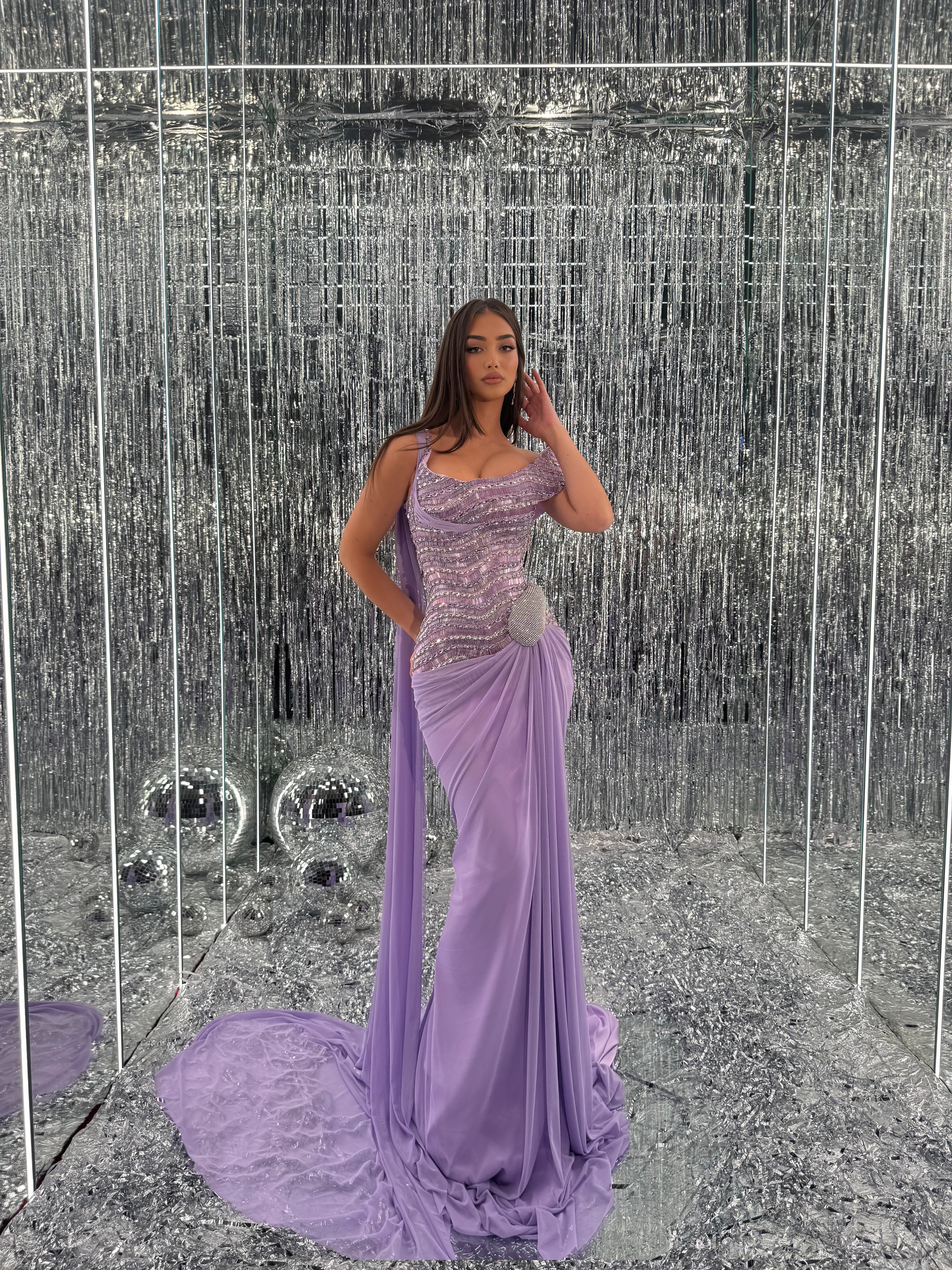 Elara – Lavender Draped Crystal Gown