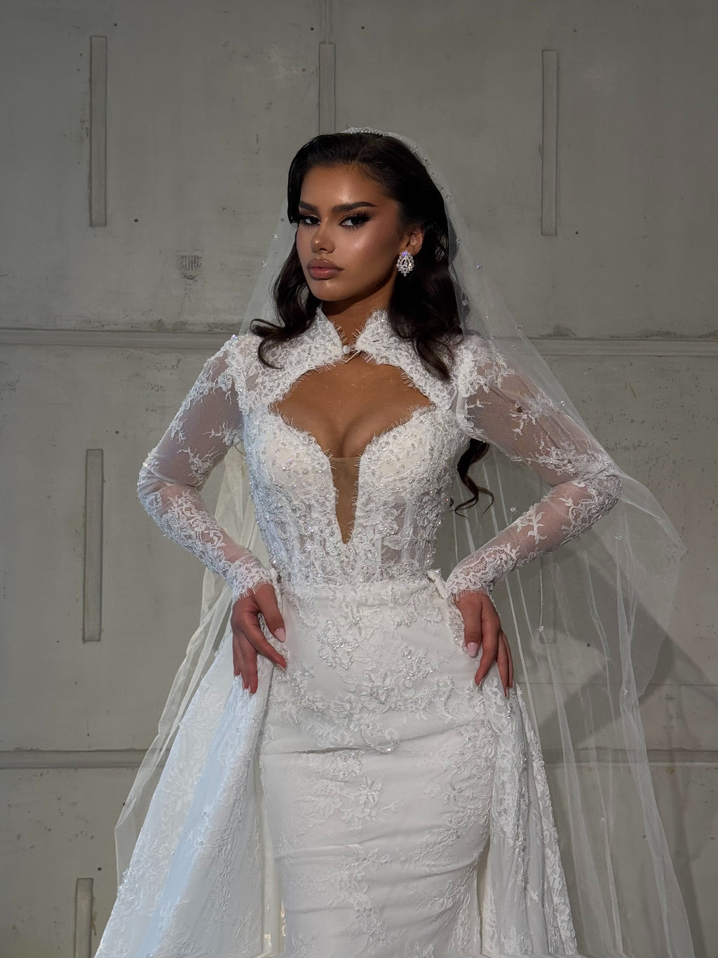 Wedding dress with detachable overskirt & veil