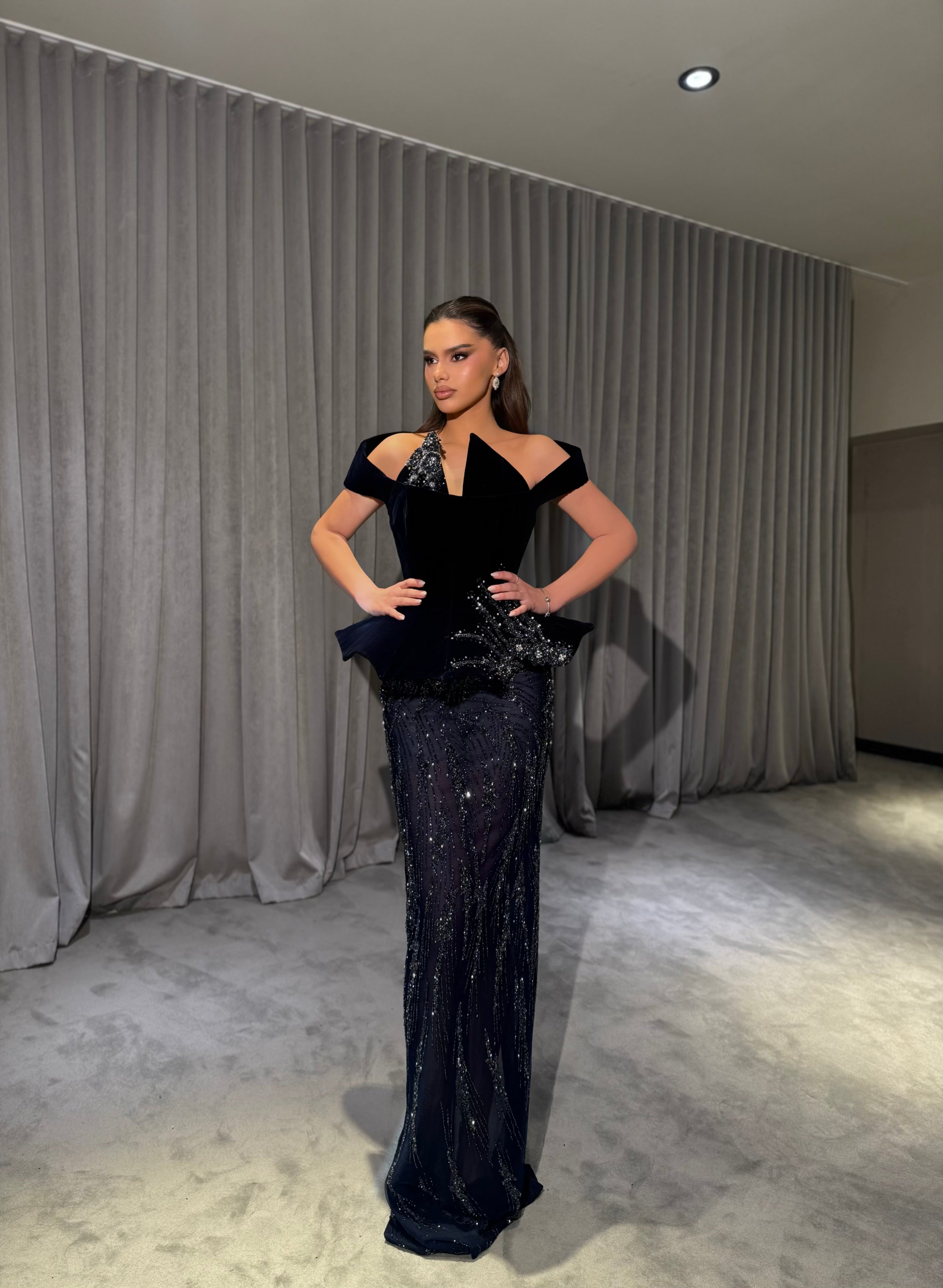 Alisya - Structured Off-Shoulder Beaded Gown