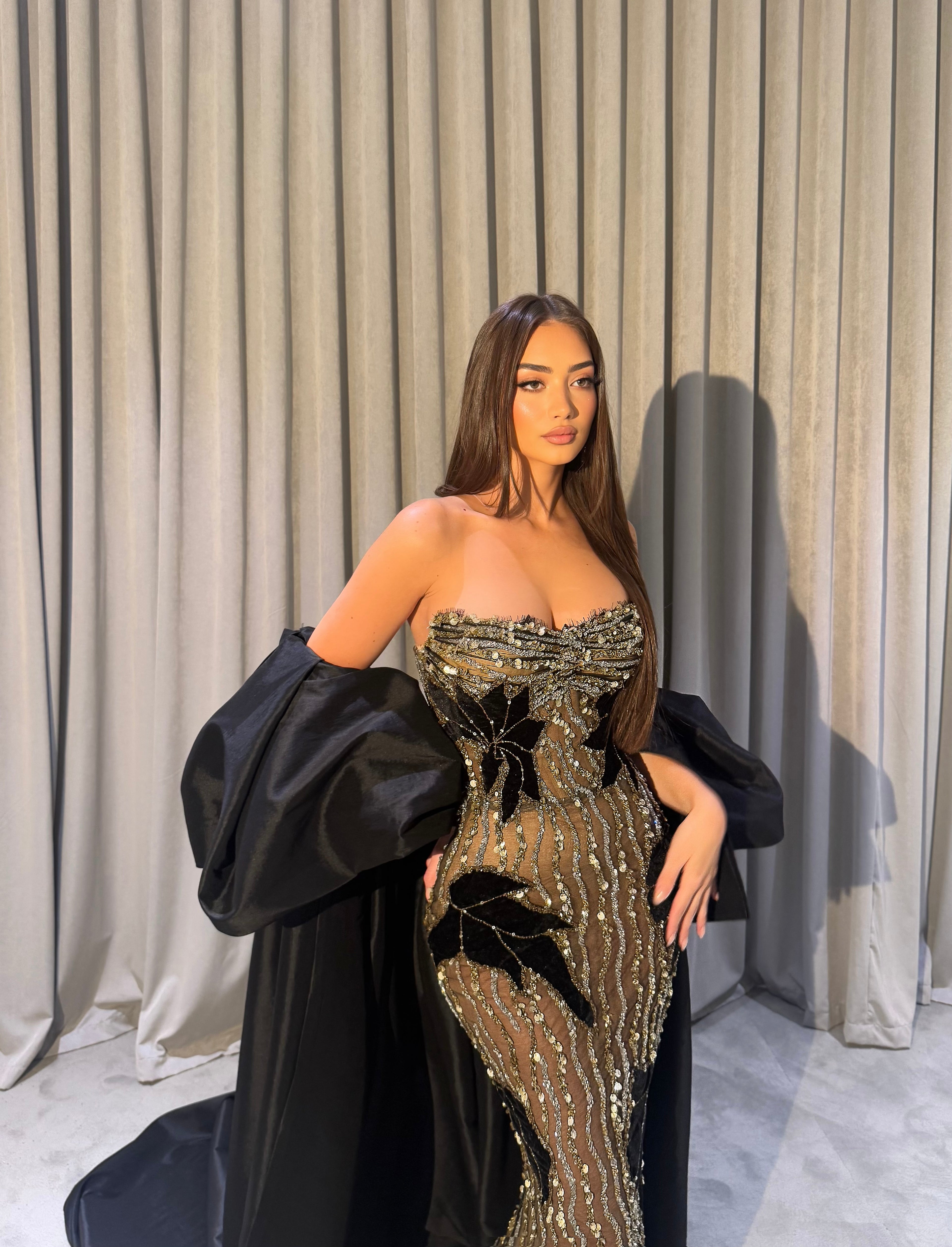 Zanna - Black & Gold Embellished Mermaid Gown with Oversized Satin Cape