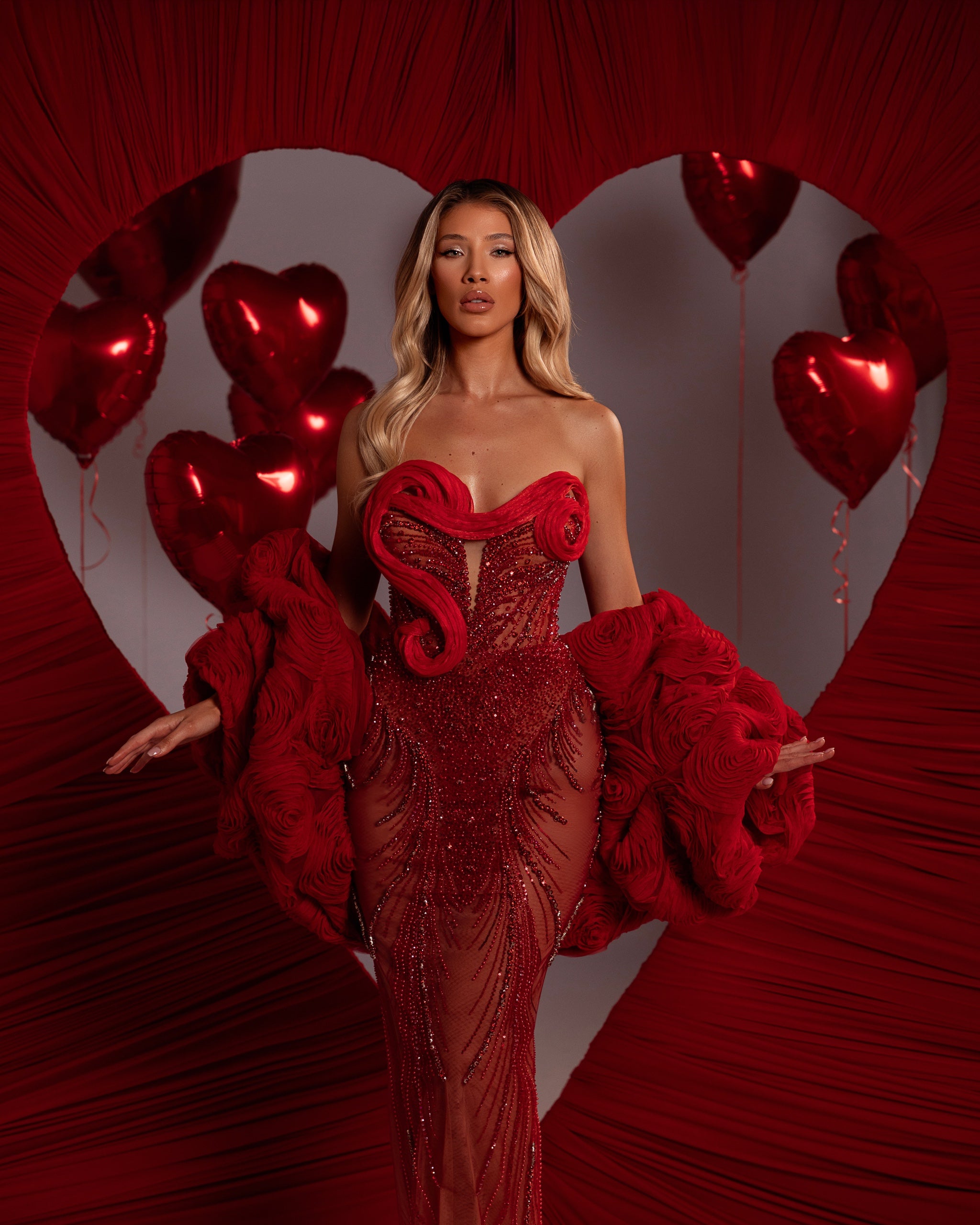 Strapless Sheer Gown with Swirl Detail