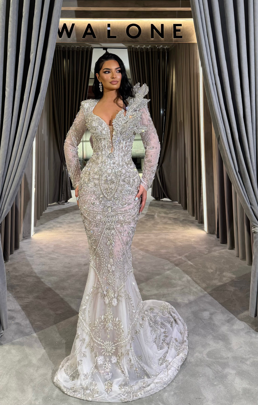 Long Sleeve Embellished Silver Mermaid Dress