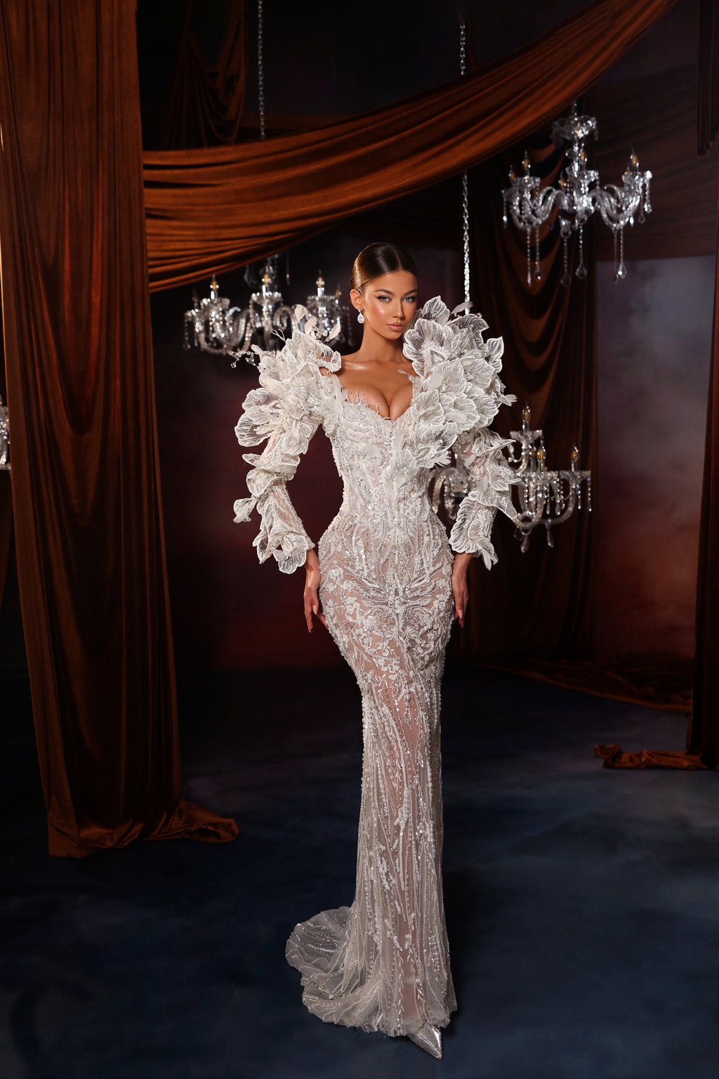 Voluminous Ruffle Shoulder Embellished Mermaid Gown