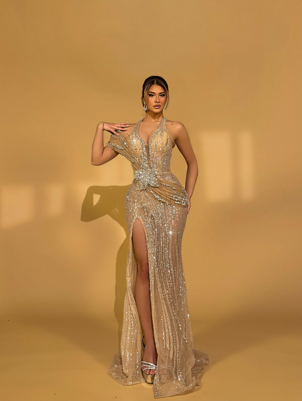 Gold Sequin Gown with Draped Tulle and Crystal Flower Detail