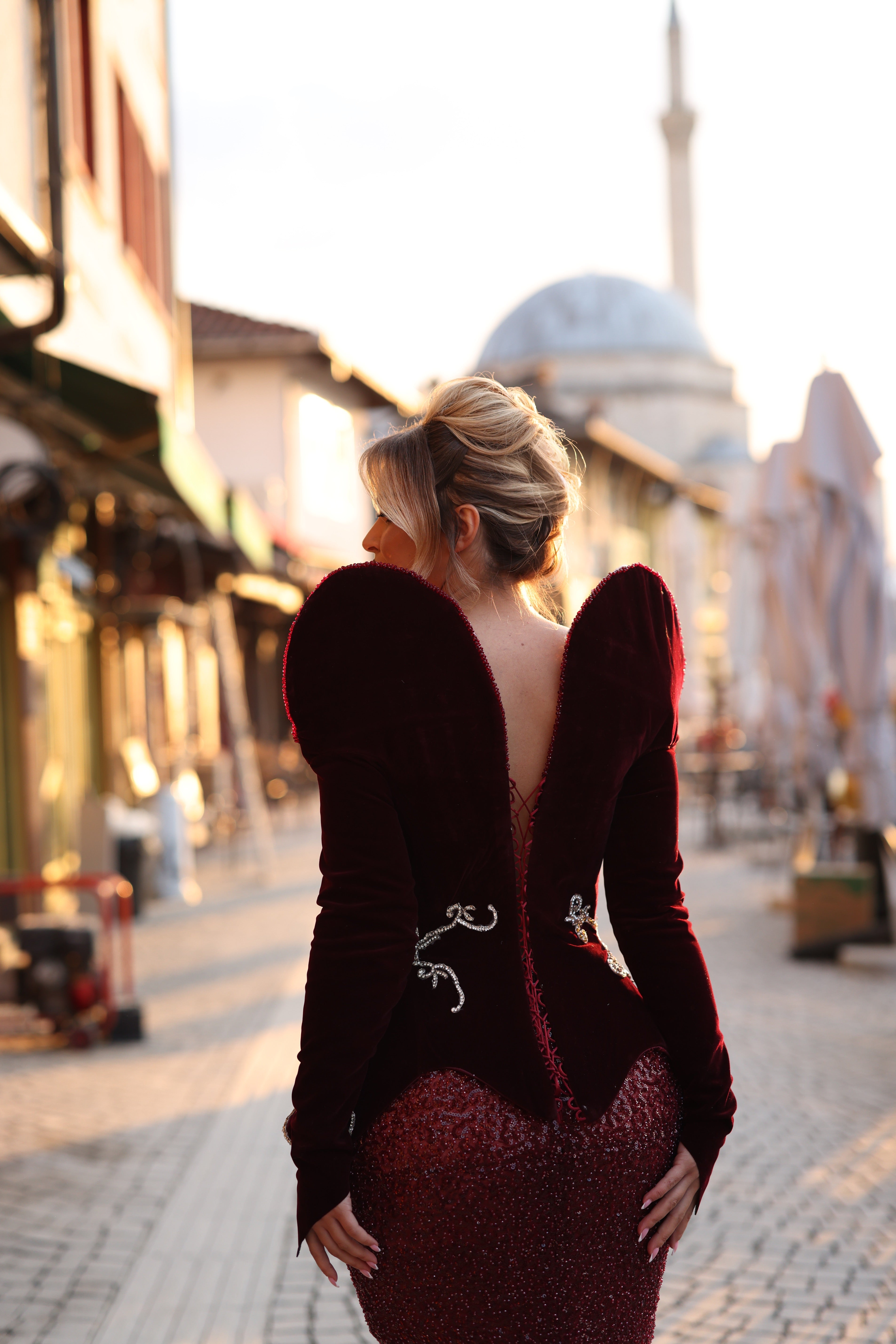 Liridona - Burgundy Velvet Peplum Mermaid Dress