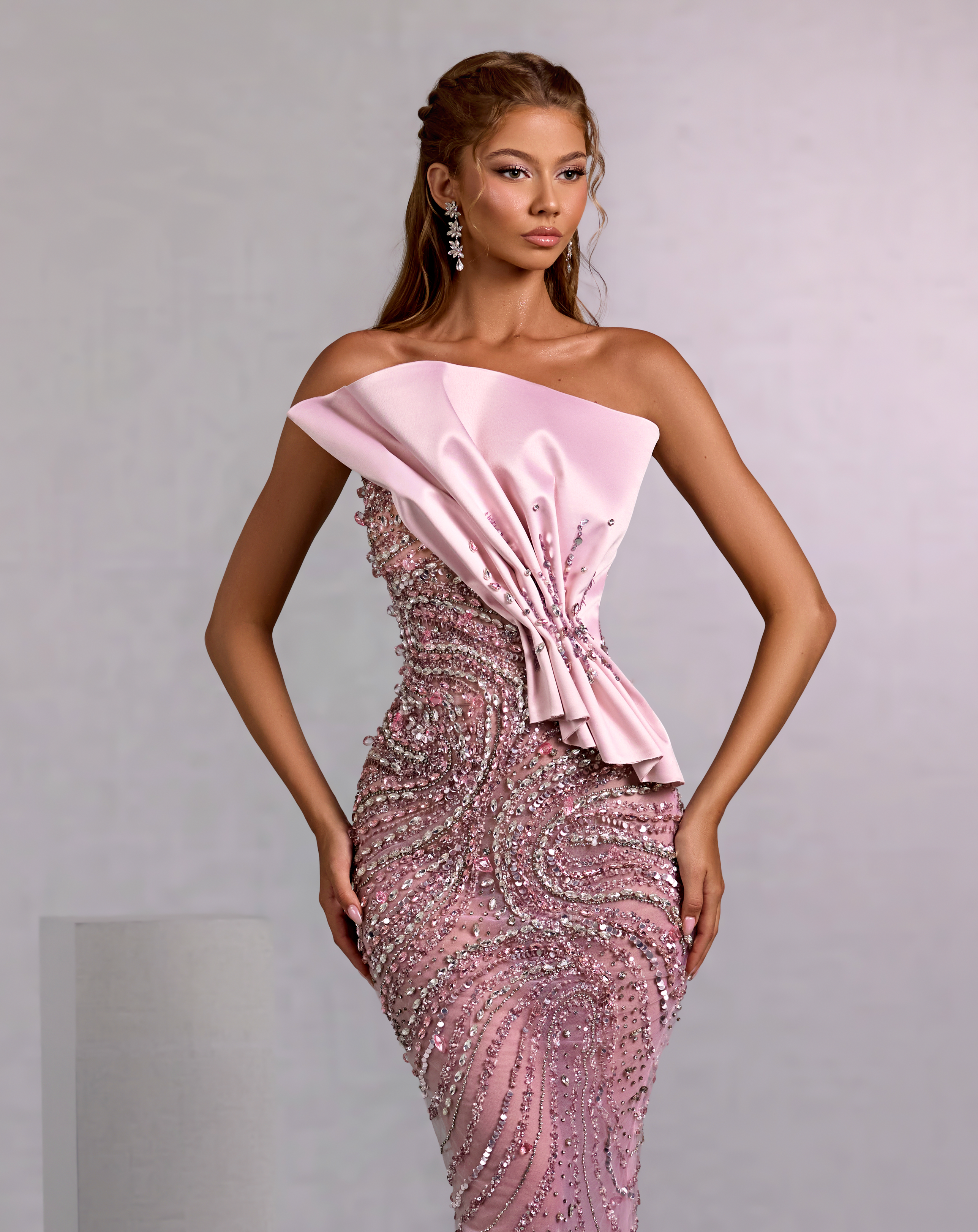 Pink Mermaid Gown with Draped Satin and Crystal Swirls
