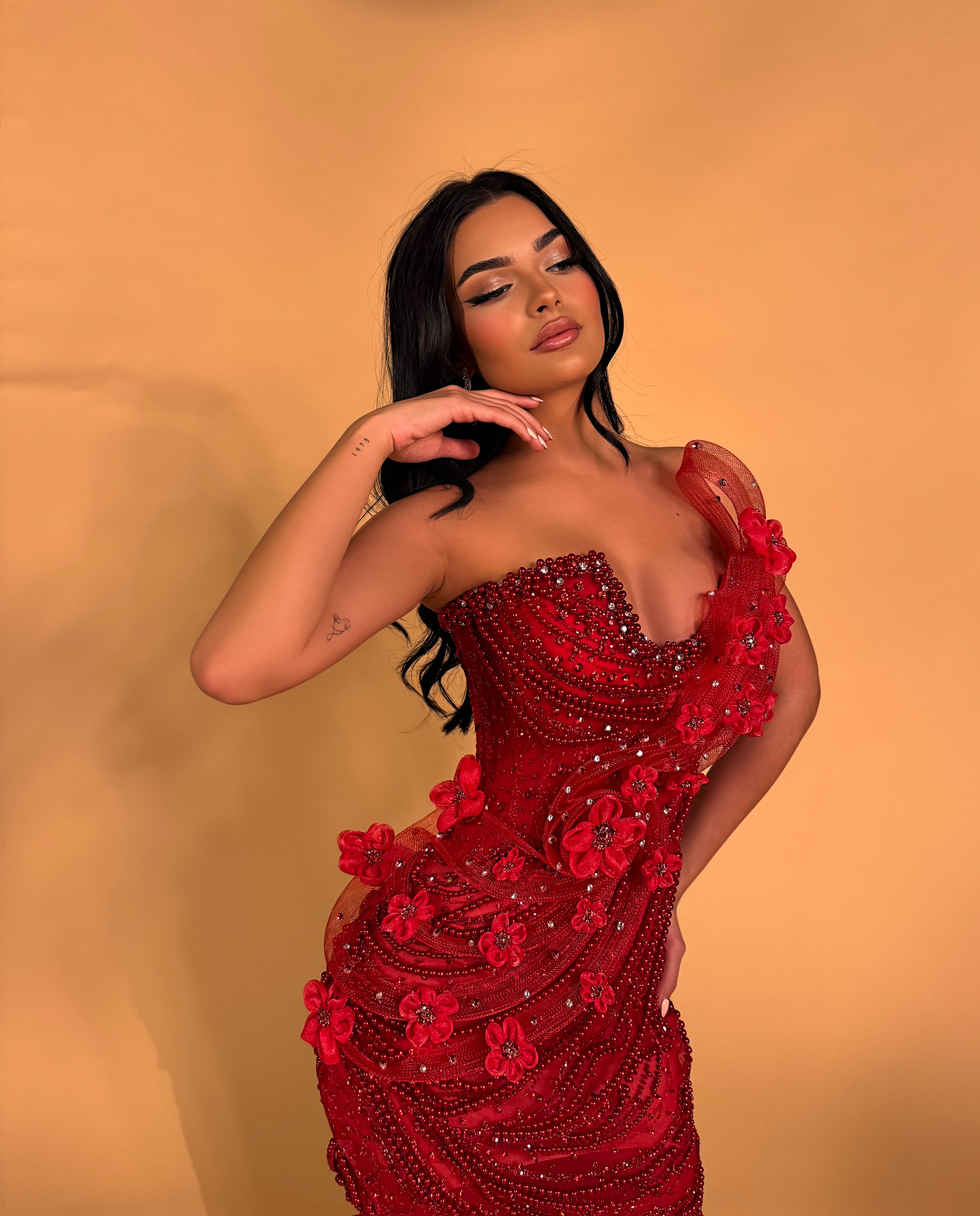 One-Shoulder Gown with Draped Beading and 3D Flowers