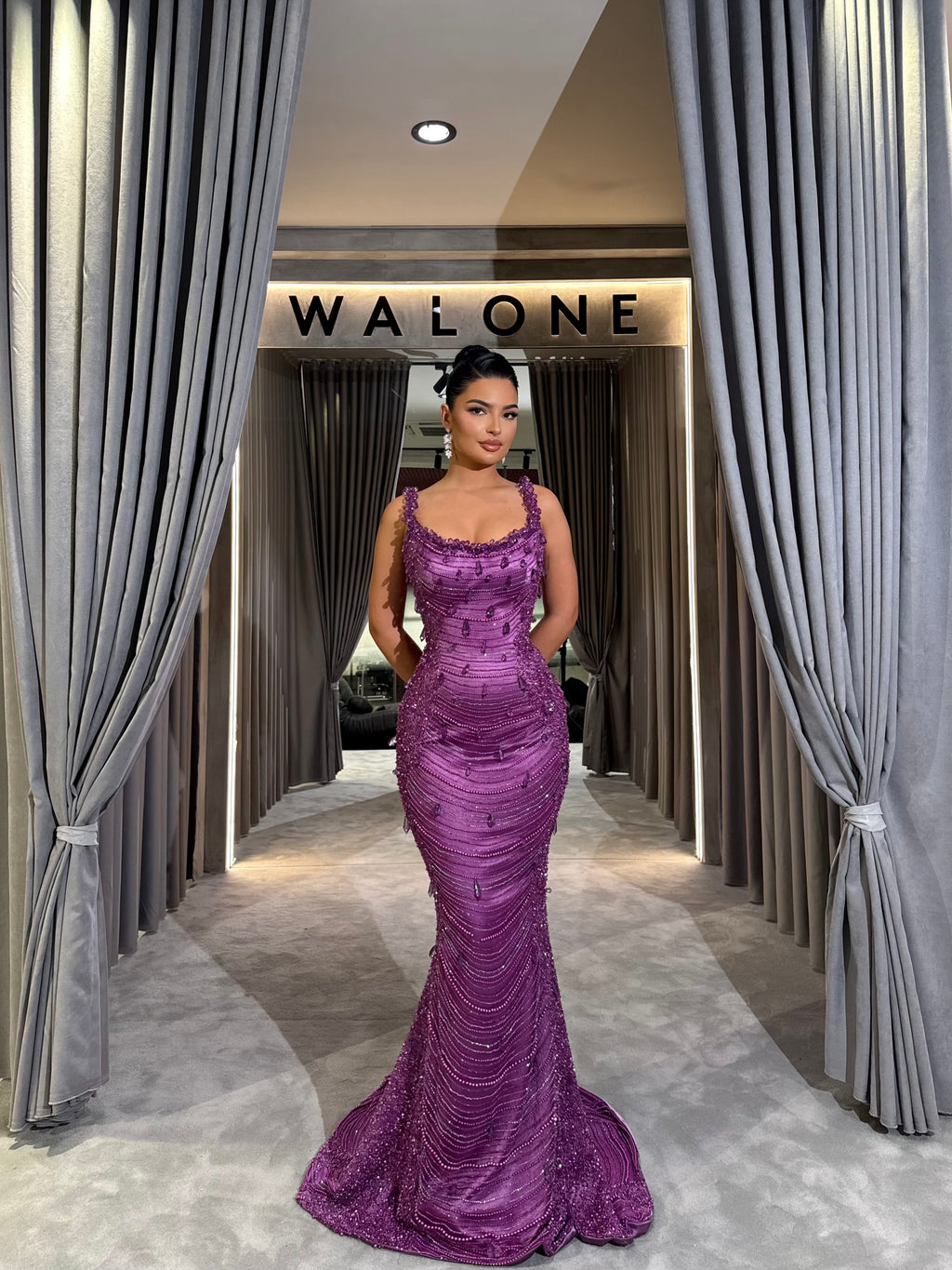 Beaded Mermaid Gown with Scoop Neckline and Draped Beading