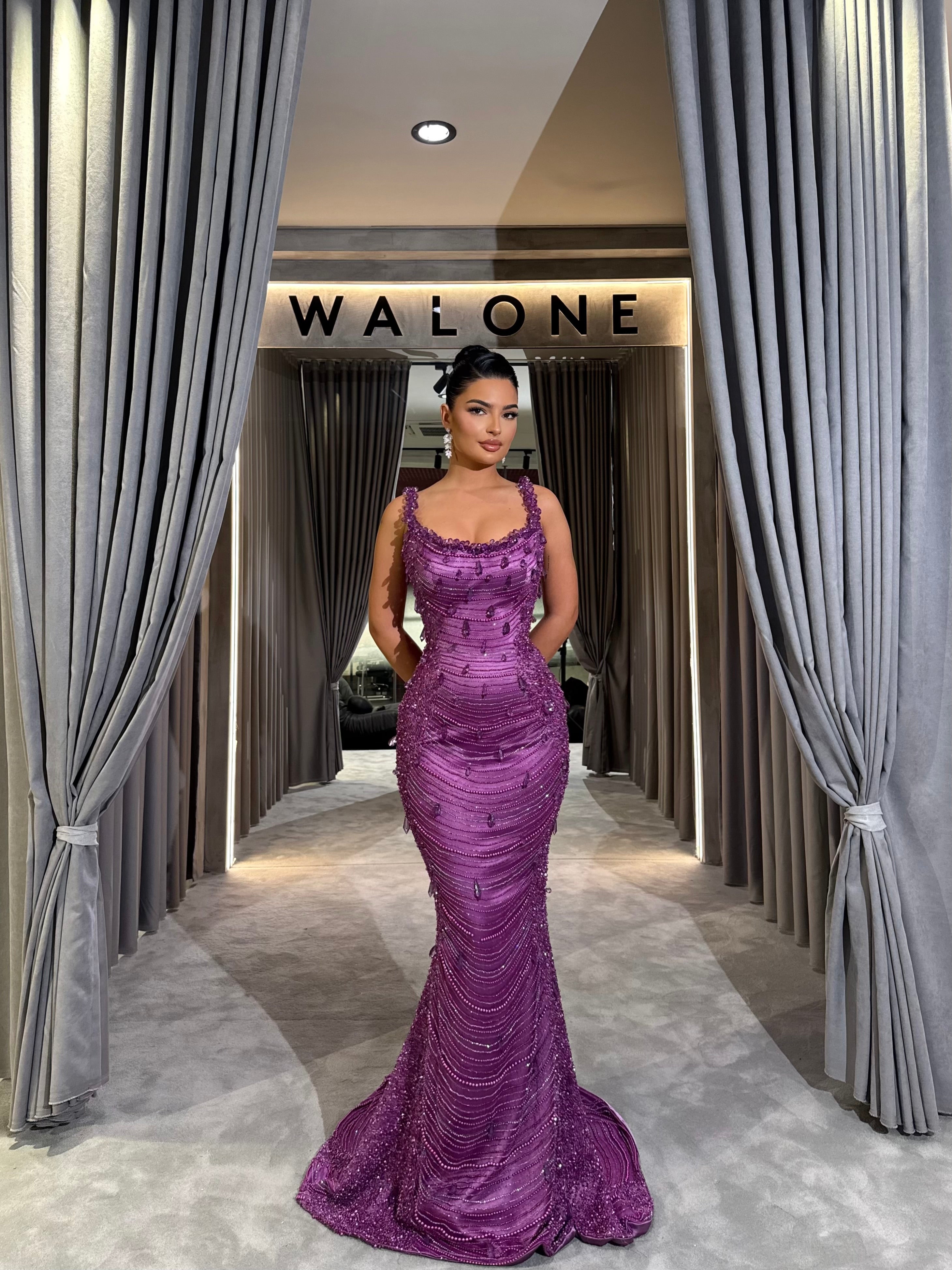 Beaded Mermaid Gown with Scoop Neckline and Draped Beading