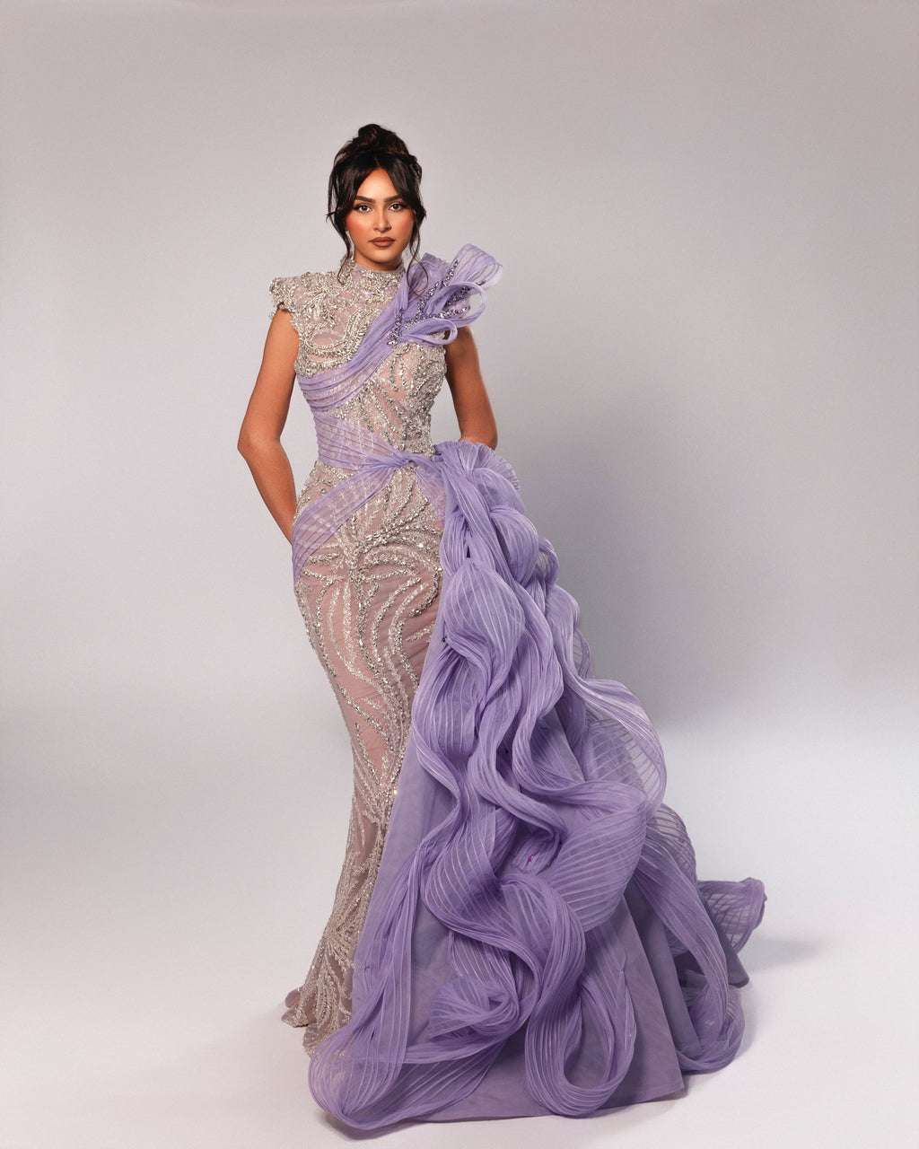 High Neck Gown with handmade embroidery