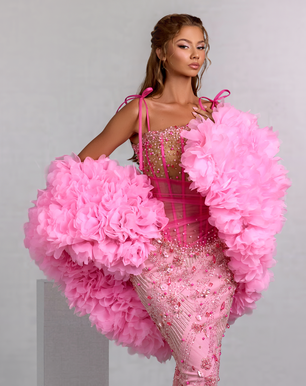 Embellished Pink Gown with Detachable Floral Organza Sleeves