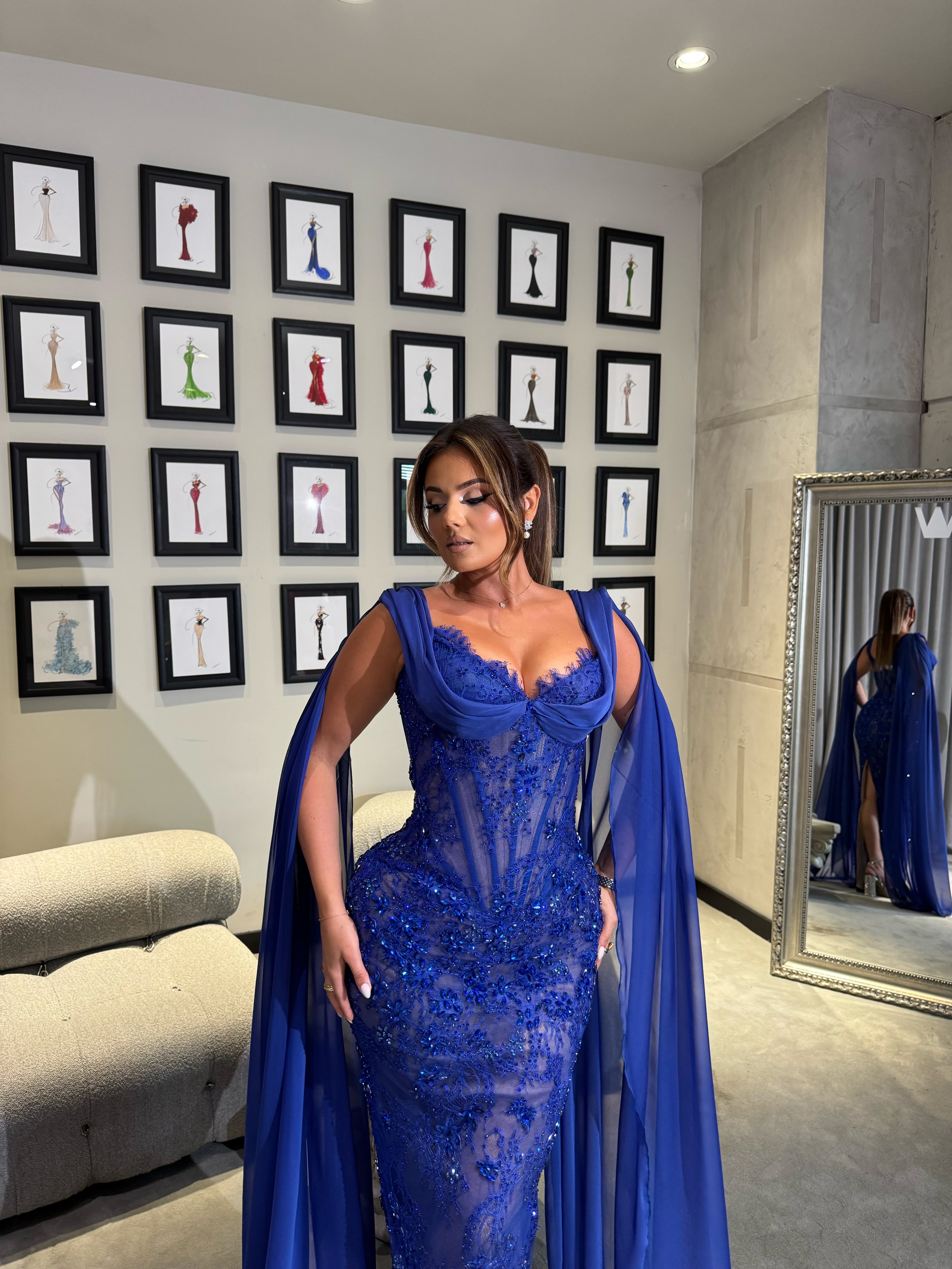 Long Royal Blue Gown with Beaded Embellishments & Draped Chiffon Sleeves