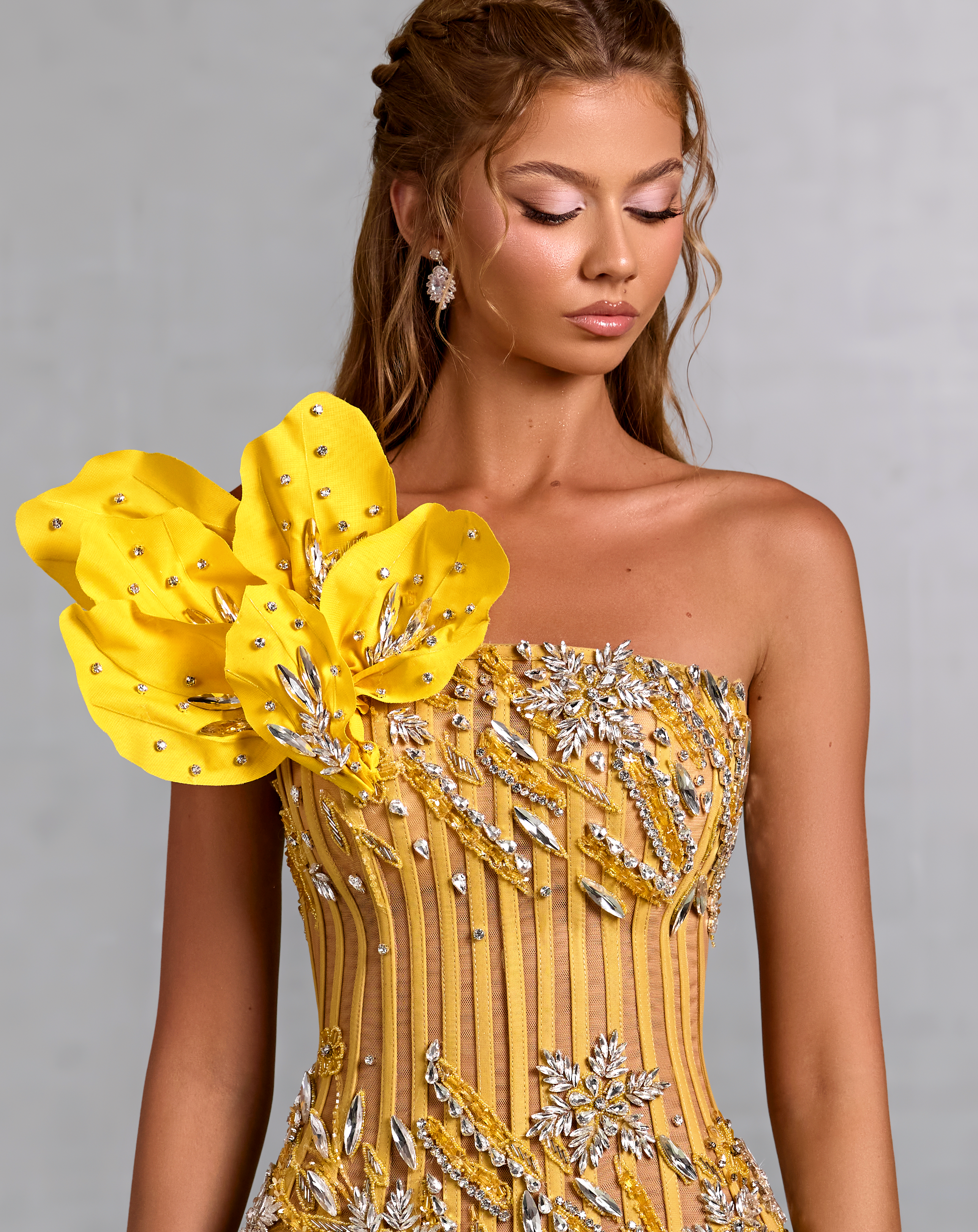 Yellow Mermaid Gown with Vine Motif and Floral Embellishment