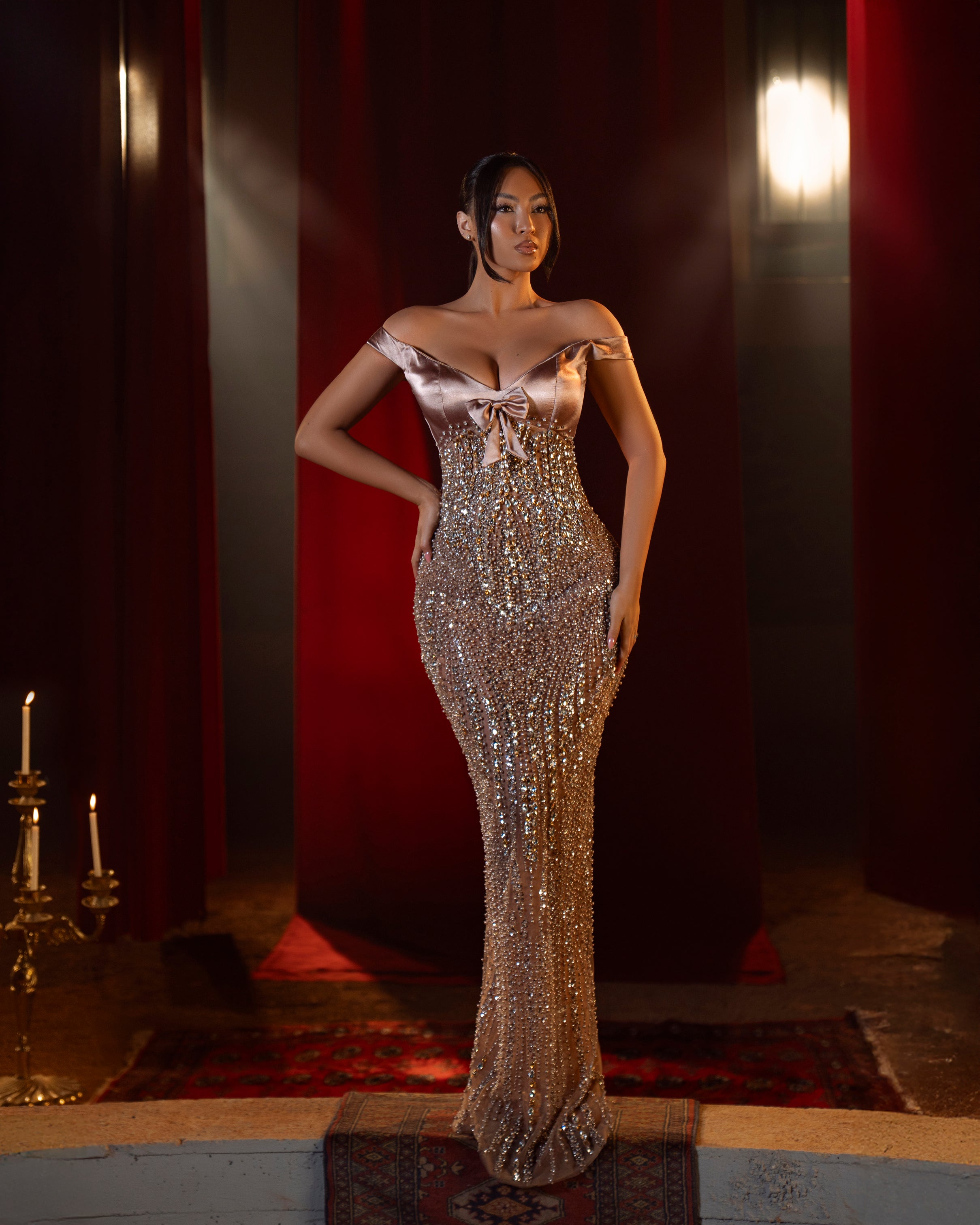 Eloriá - Off Shoulder Crystal Beaded Gown