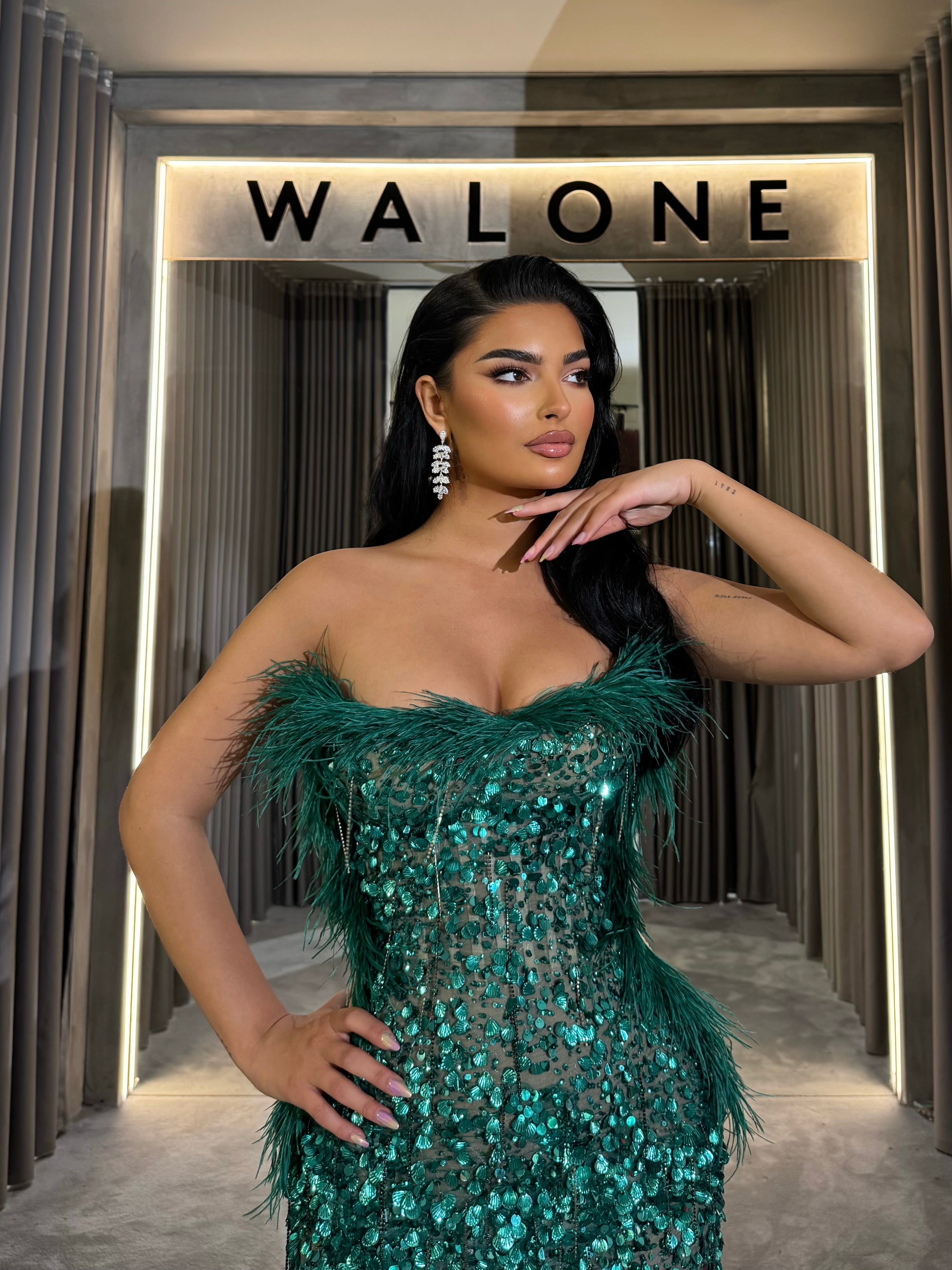 Emerald Green Feathered Sequin Gown Walone LLC Emerald Green Feathered Sequin Gown Walone LLC