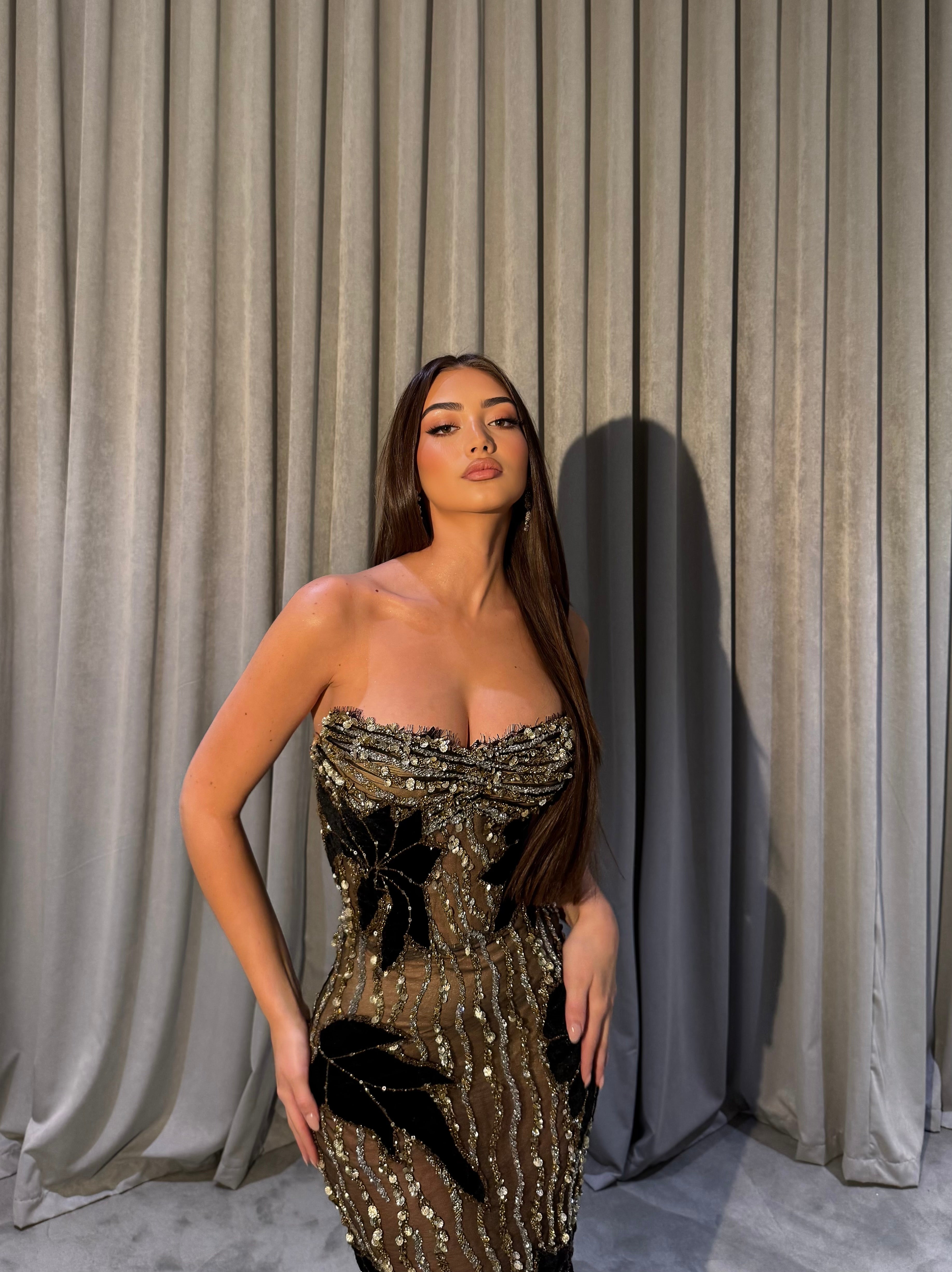 Zanna - Black & Gold Embellished Mermaid Gown with Oversized Satin Cape