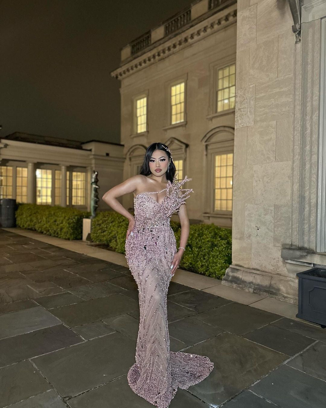 One shoulder dress with floral embellishments