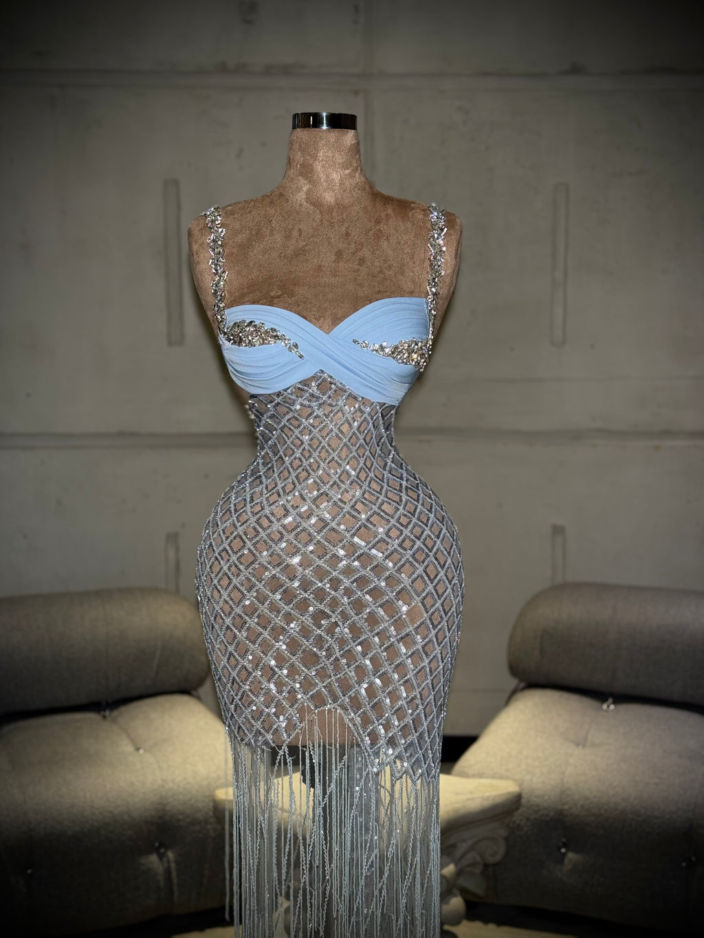 Marielle - Silver Beaded Fringe Gown