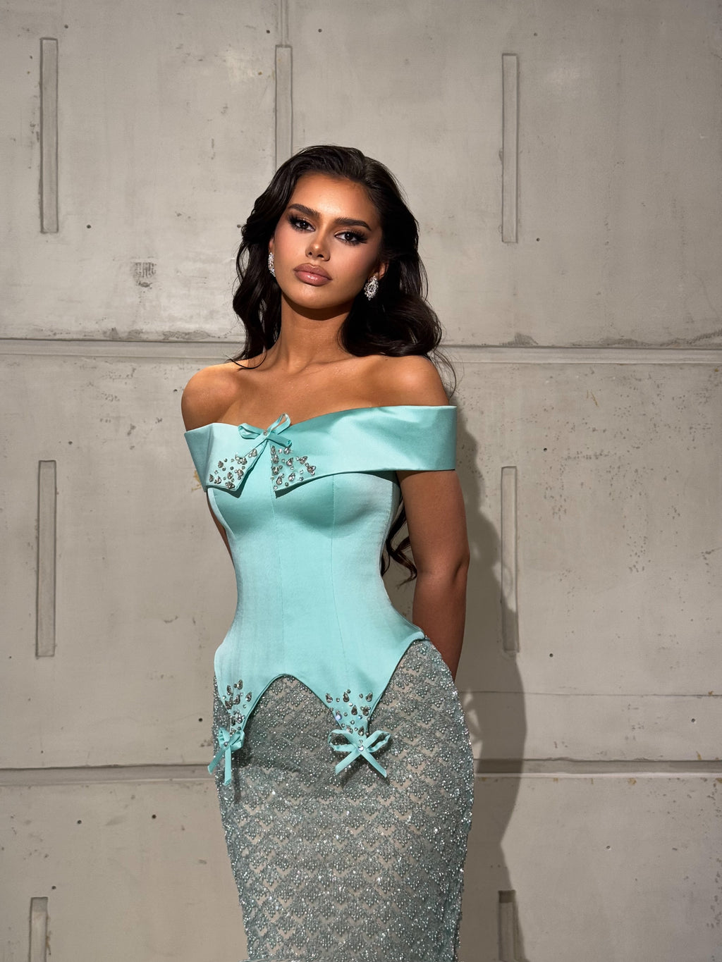 Long Dress Off Shoulder Corset with Crystal Bows