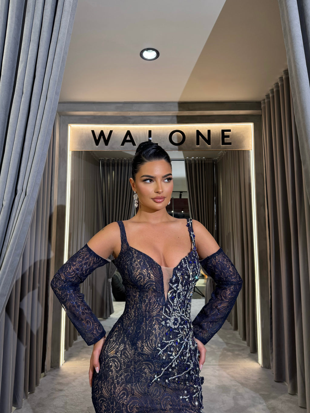 Long Sleeve Lace Gown with Sheer Bodice and Beaded Appliqué