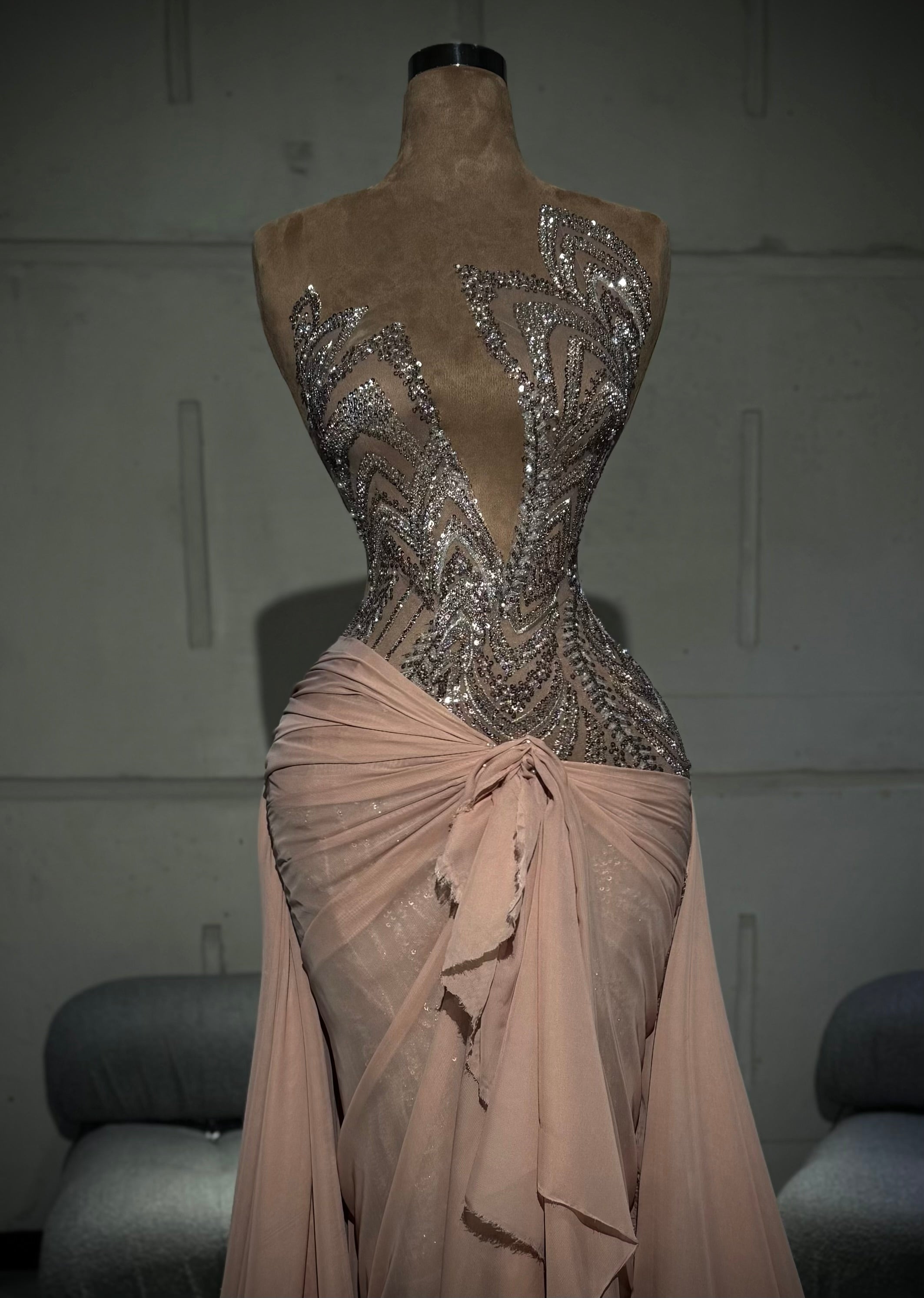 Lirena - Nude Silver Beaded Draped Gown