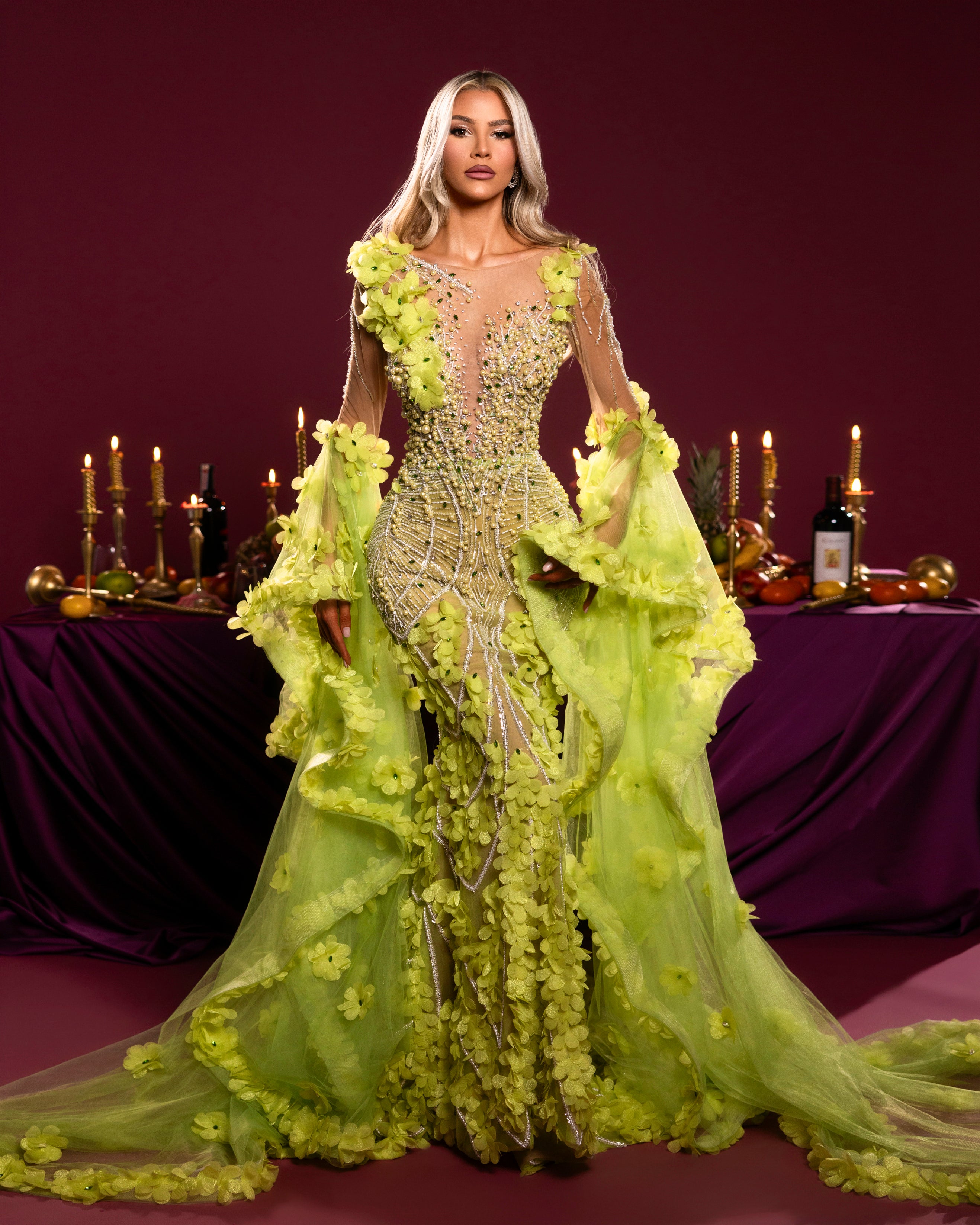 Floral Embellished Sheer Sleeve Gown