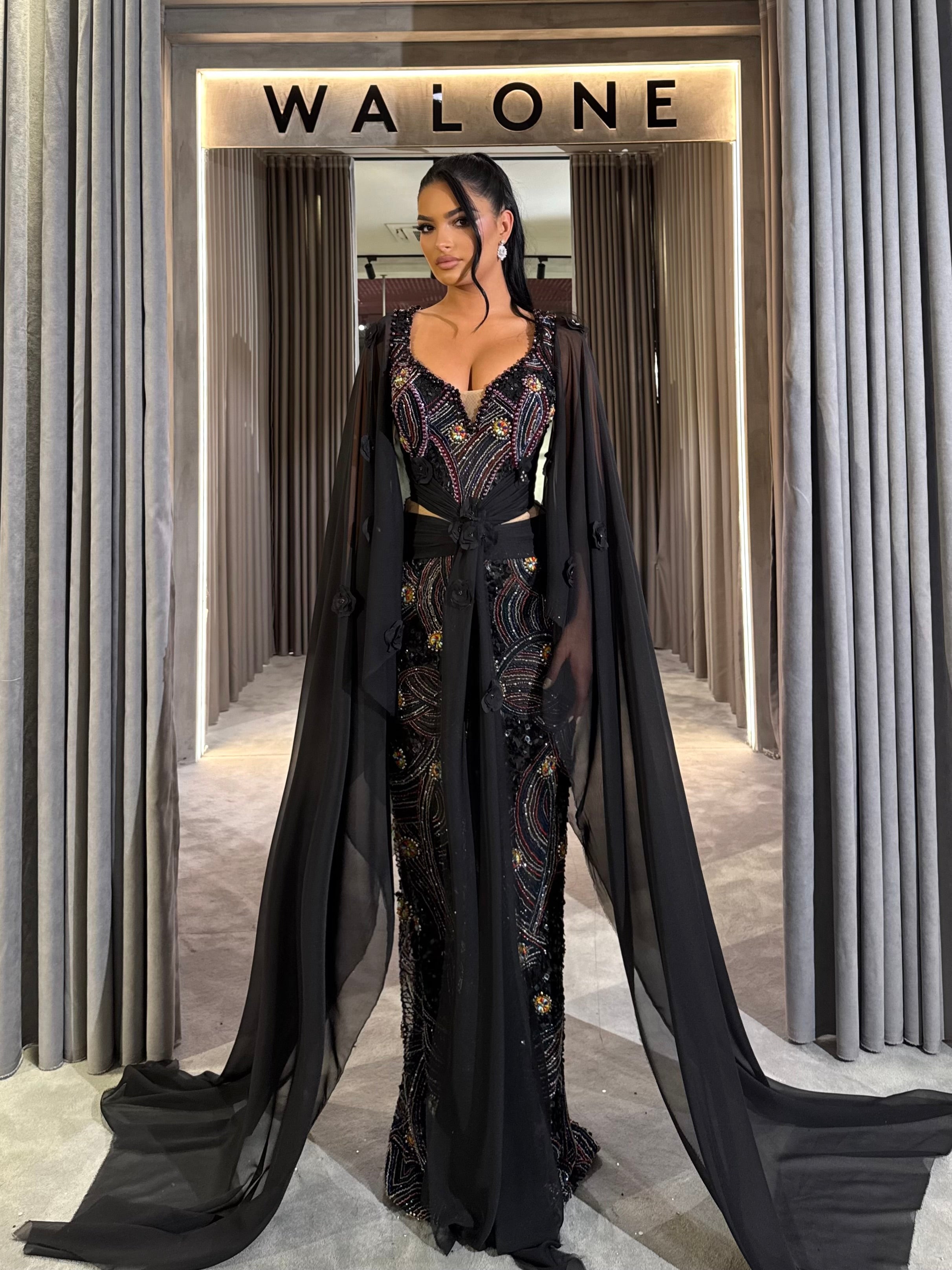 Multicolor Beaded Black Dress with Flowing Chiffon Cape