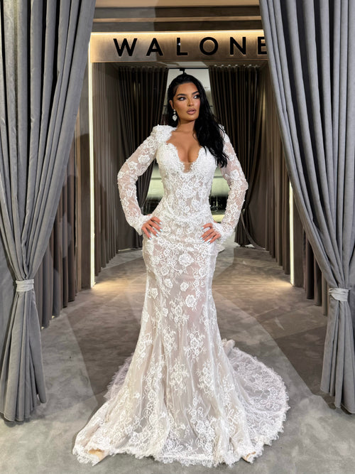 open back lace long sleeve wedding dress Long Sleeve Backless Lace Wedding Dress Custom Size