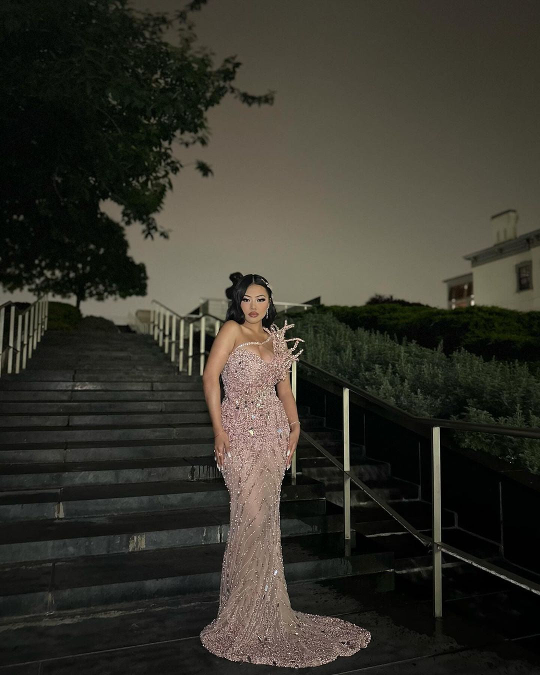 One shoulder dress with floral embellishments