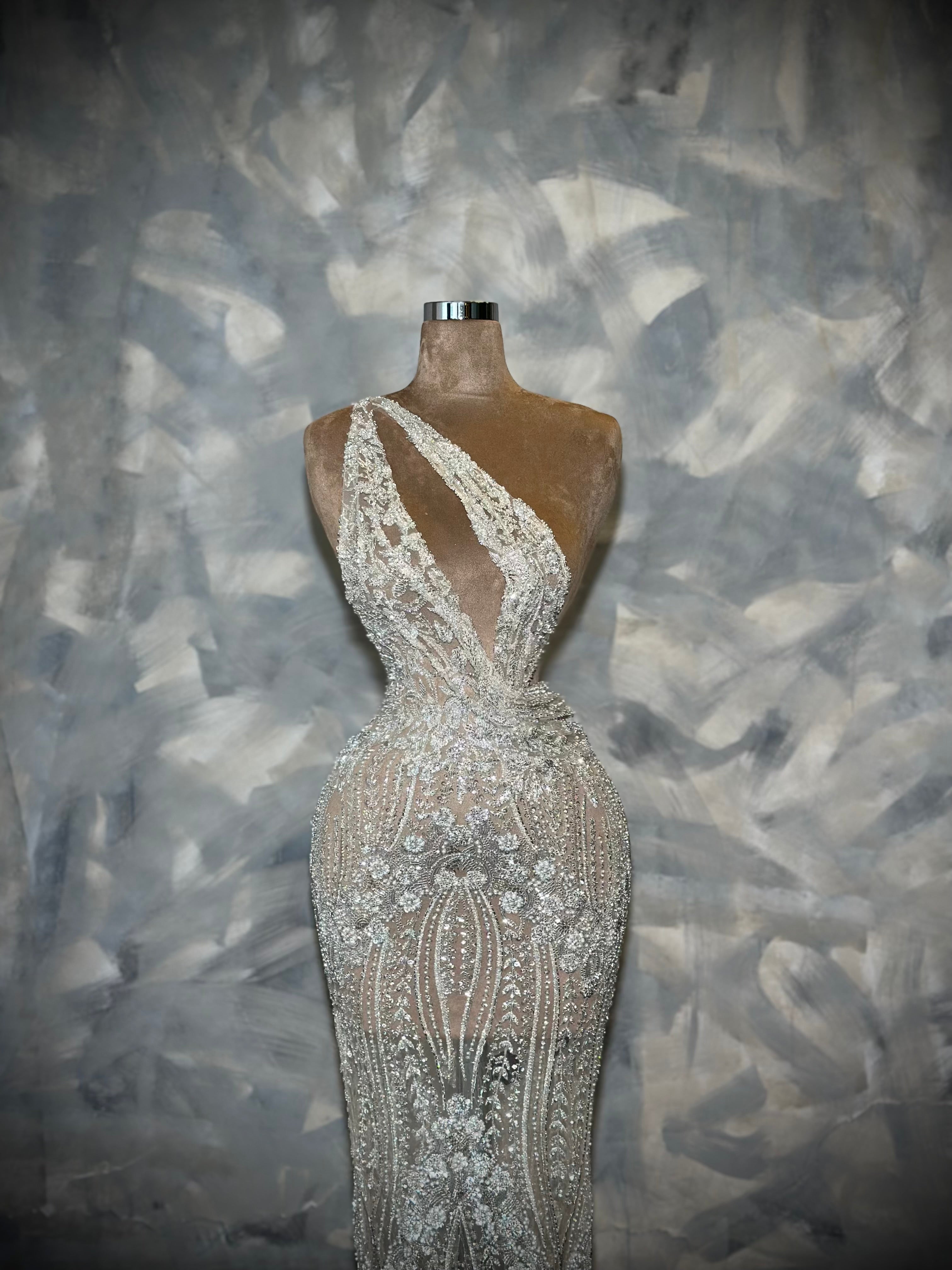 Nerisse - One Shoulder Crystal Feathered Gown