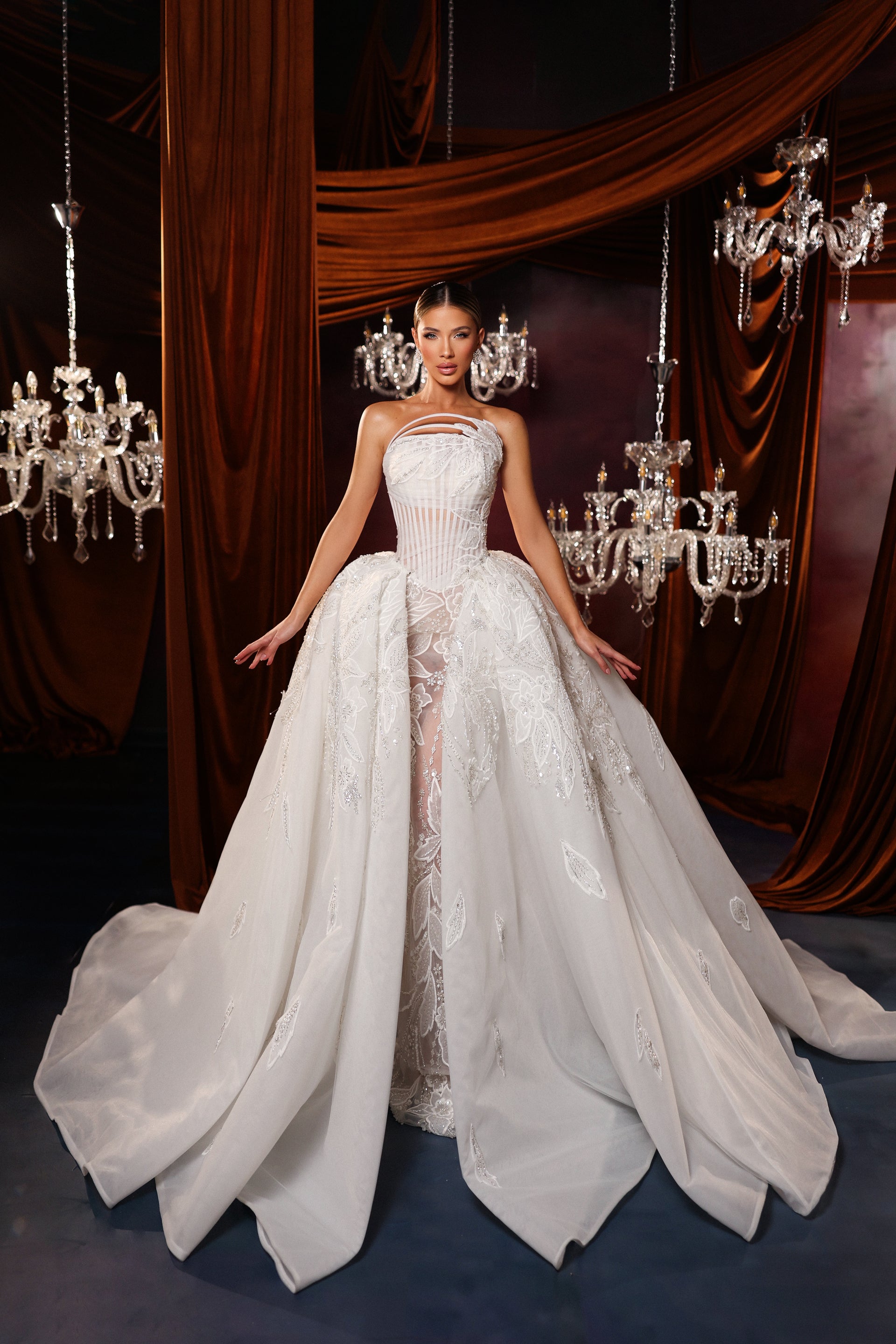 corset wedding dress for sale Embroidered Bloom Overlay Bridal Gown L exchange128 44499 Miss Priss Prom Light boning in bodice Color:WARM WINE