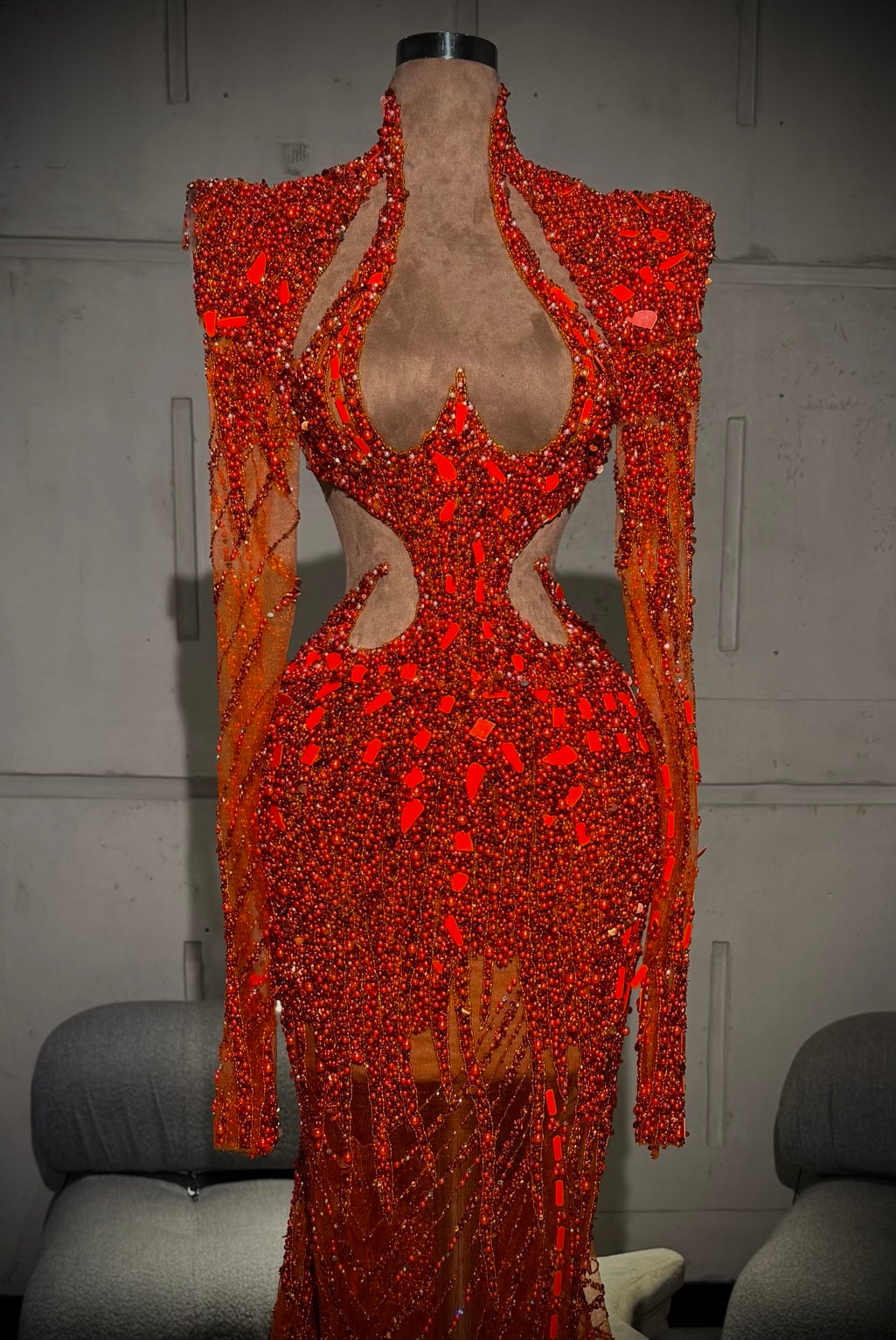 Erina - Red Beaded Halter Cut-Out Gown
