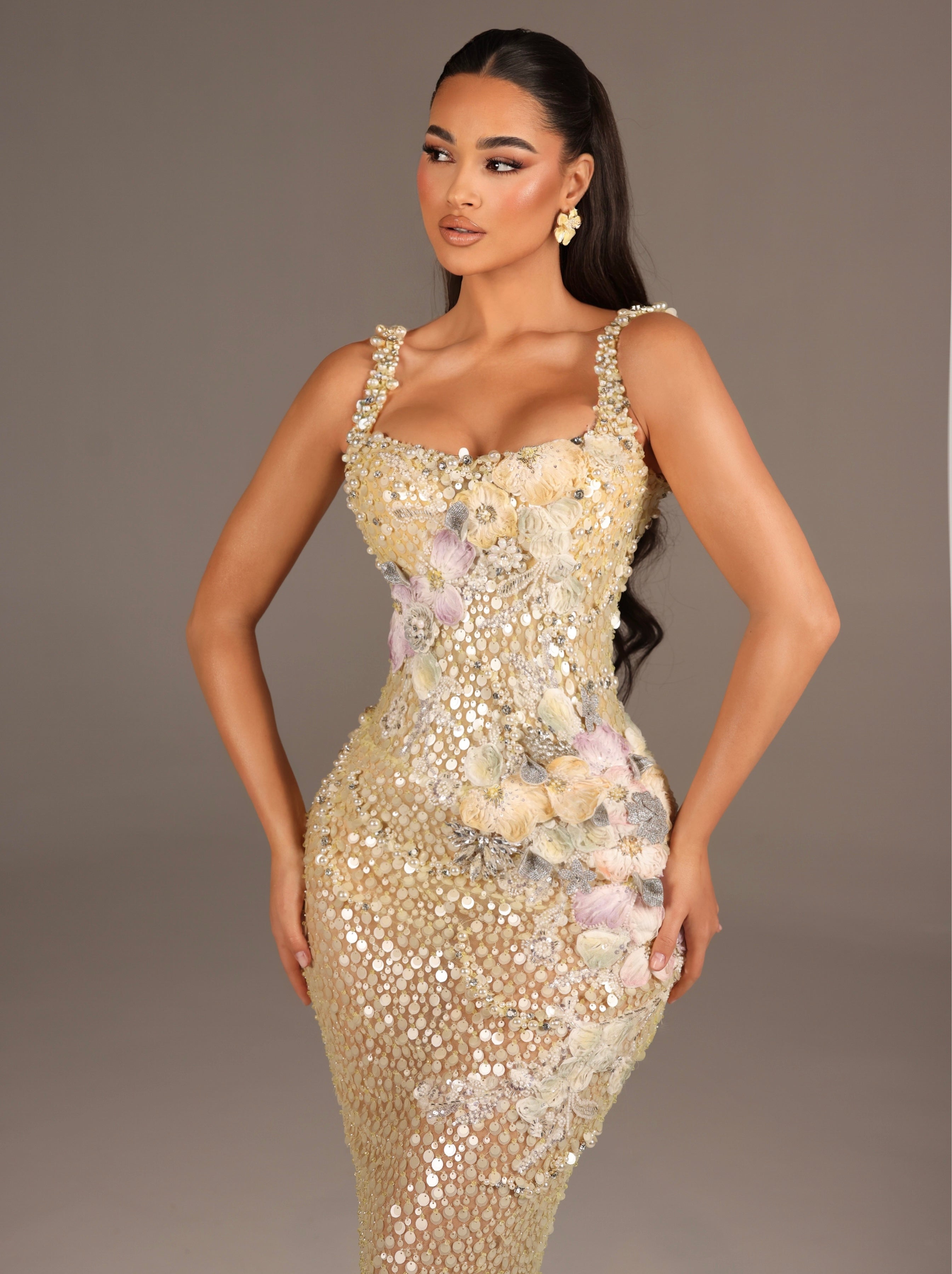 Almira - Embellished Gown with Floral Appliqué and Straps