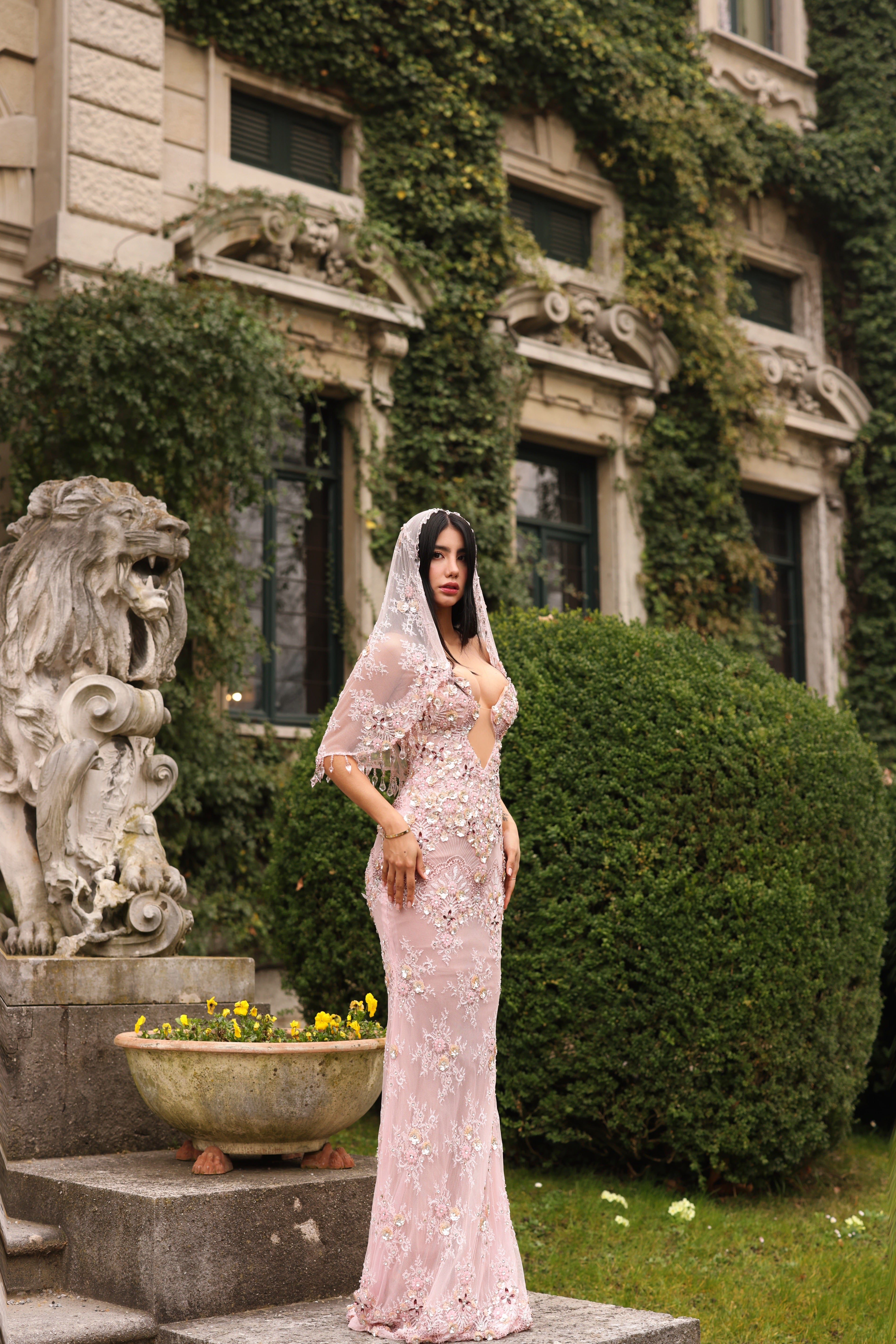 Bellaria - Embellished Deep V Lace Gown