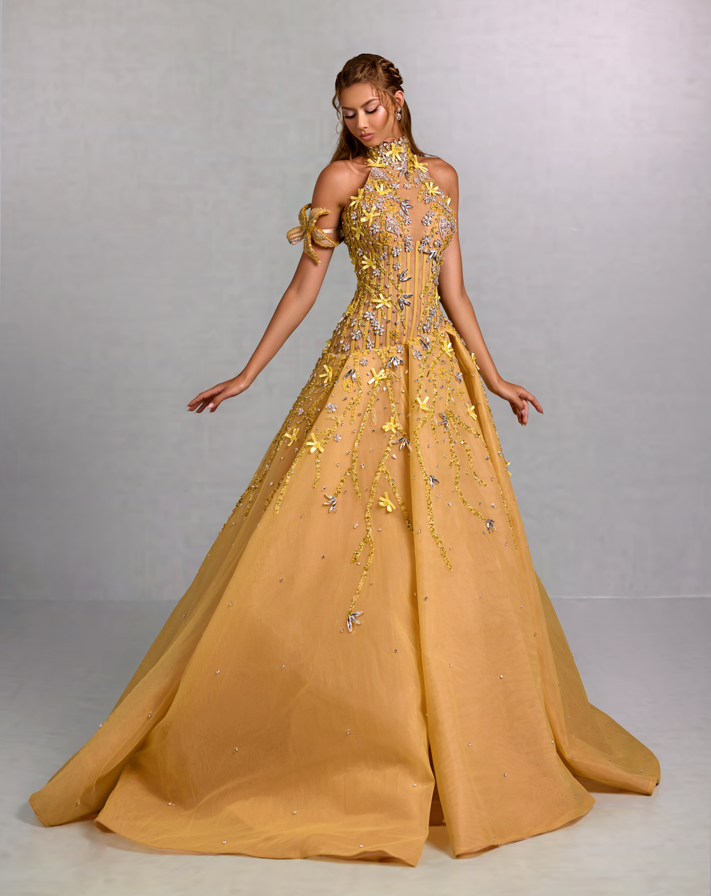 High Neck Yellow Gown with Floral Crystal Vines