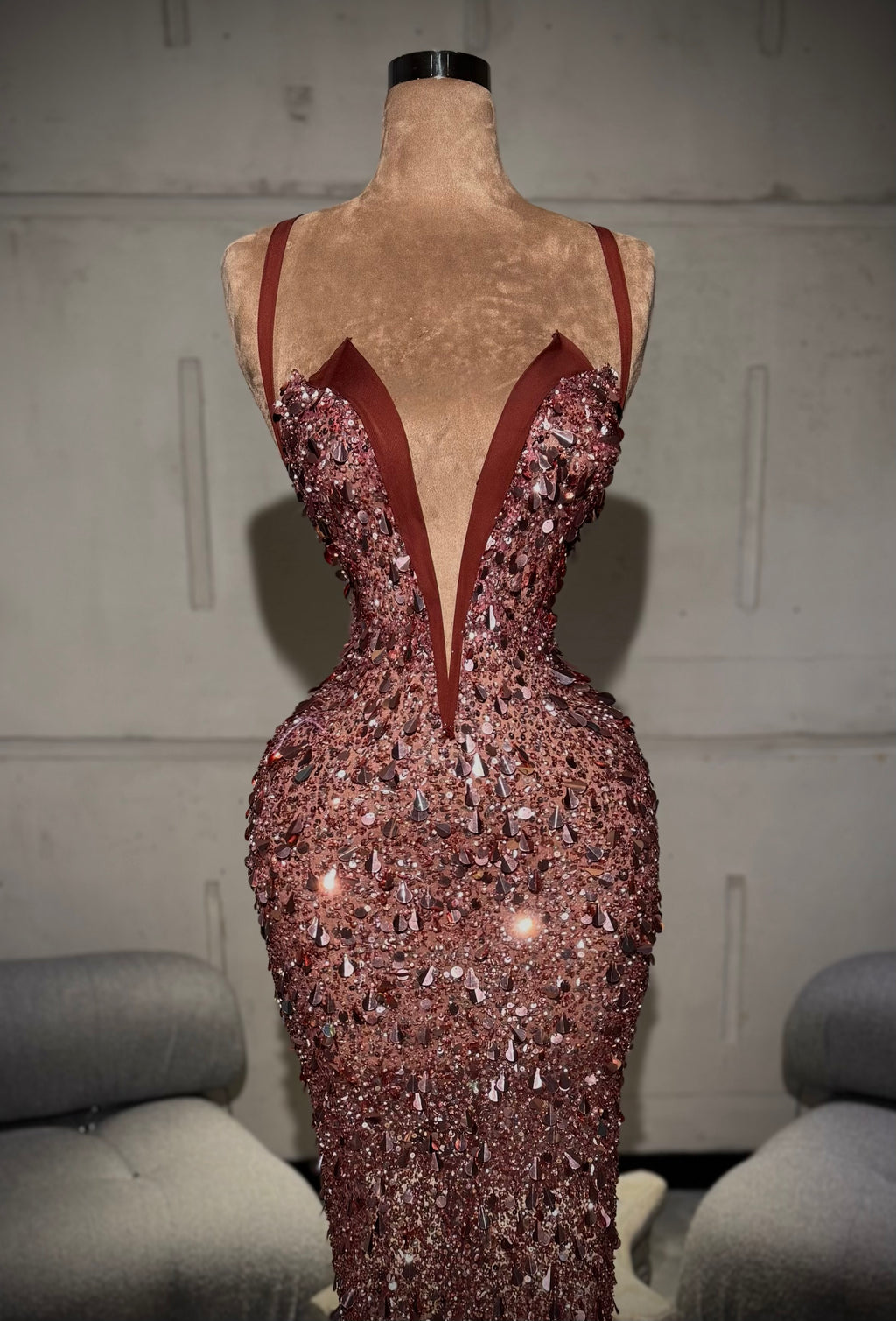 Aleria - Deep V-Cut Embellished Gown