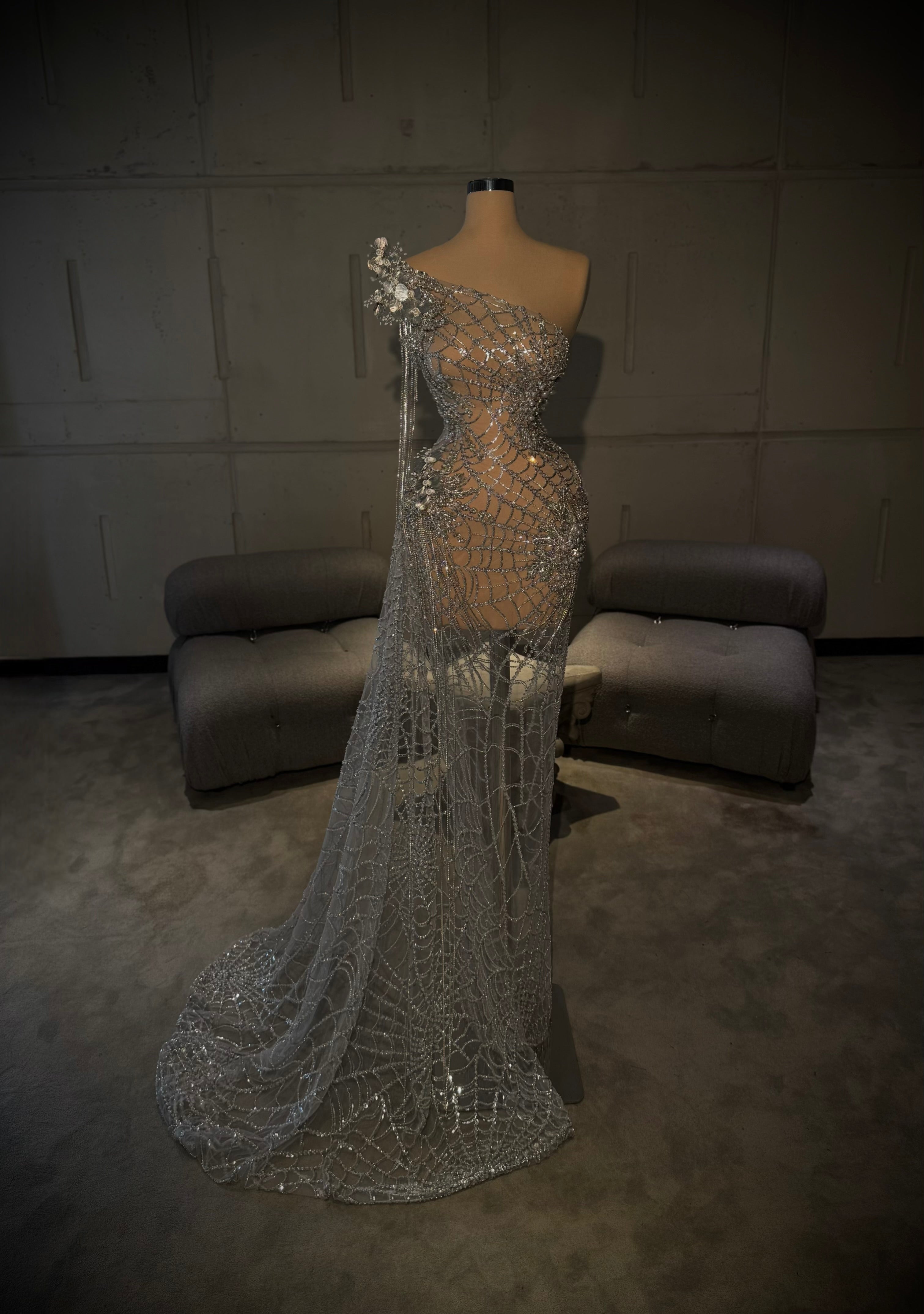 Olèna - One Shoulder Silver Crystal Gown