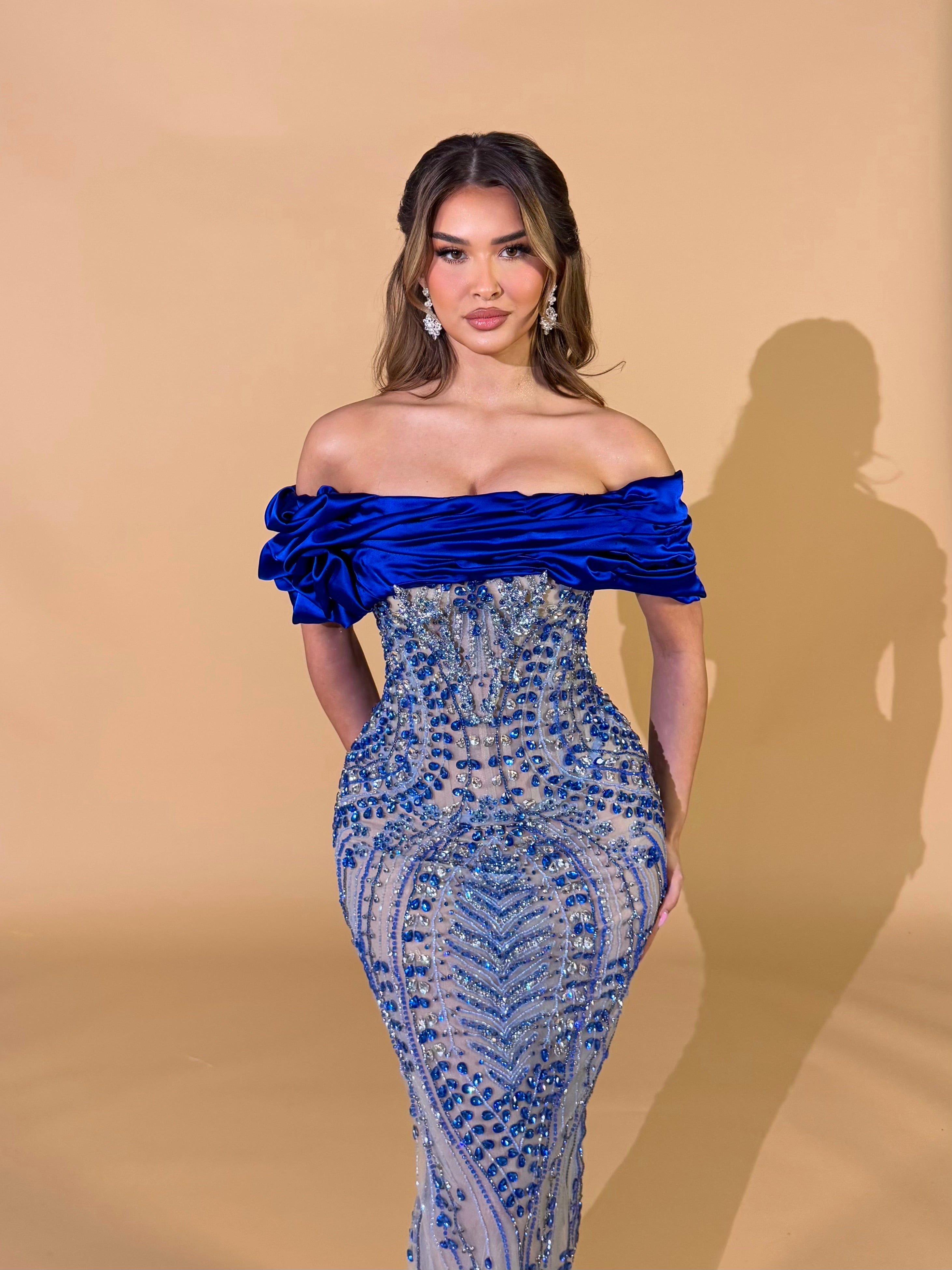 Royal Blue Off Shoulder Crystal Beaded Gown with Satin Draping