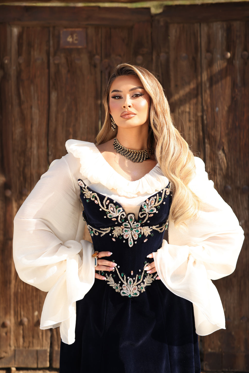 Donika - Velvet Gown with Crystal Waist Embroidery